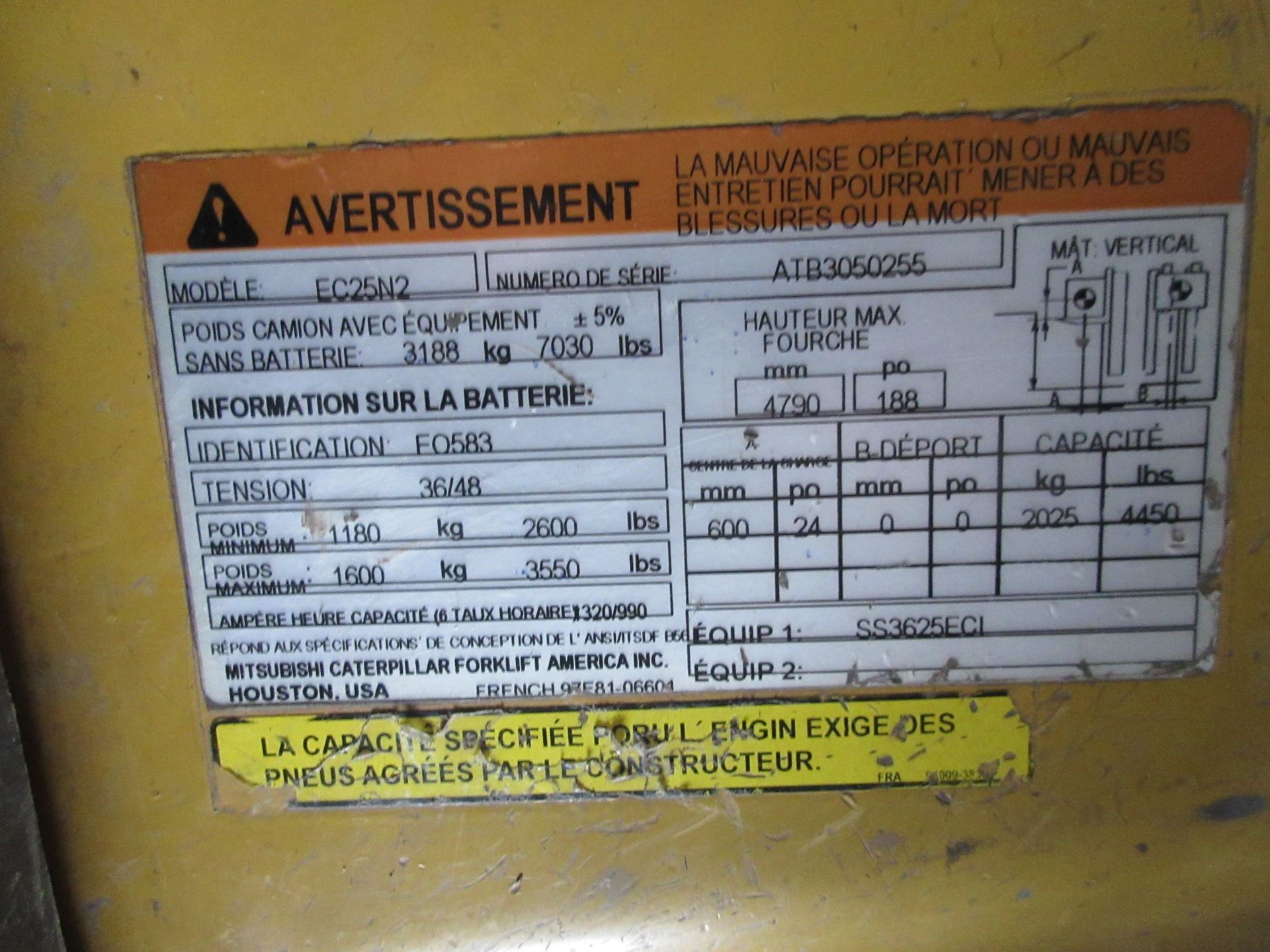 CATERPILLAR electric forklift Mod: EC25N2, 3 sections, 4450 LB capacity, 48V c/w charger 48V, DC128, - Image 6 of 9