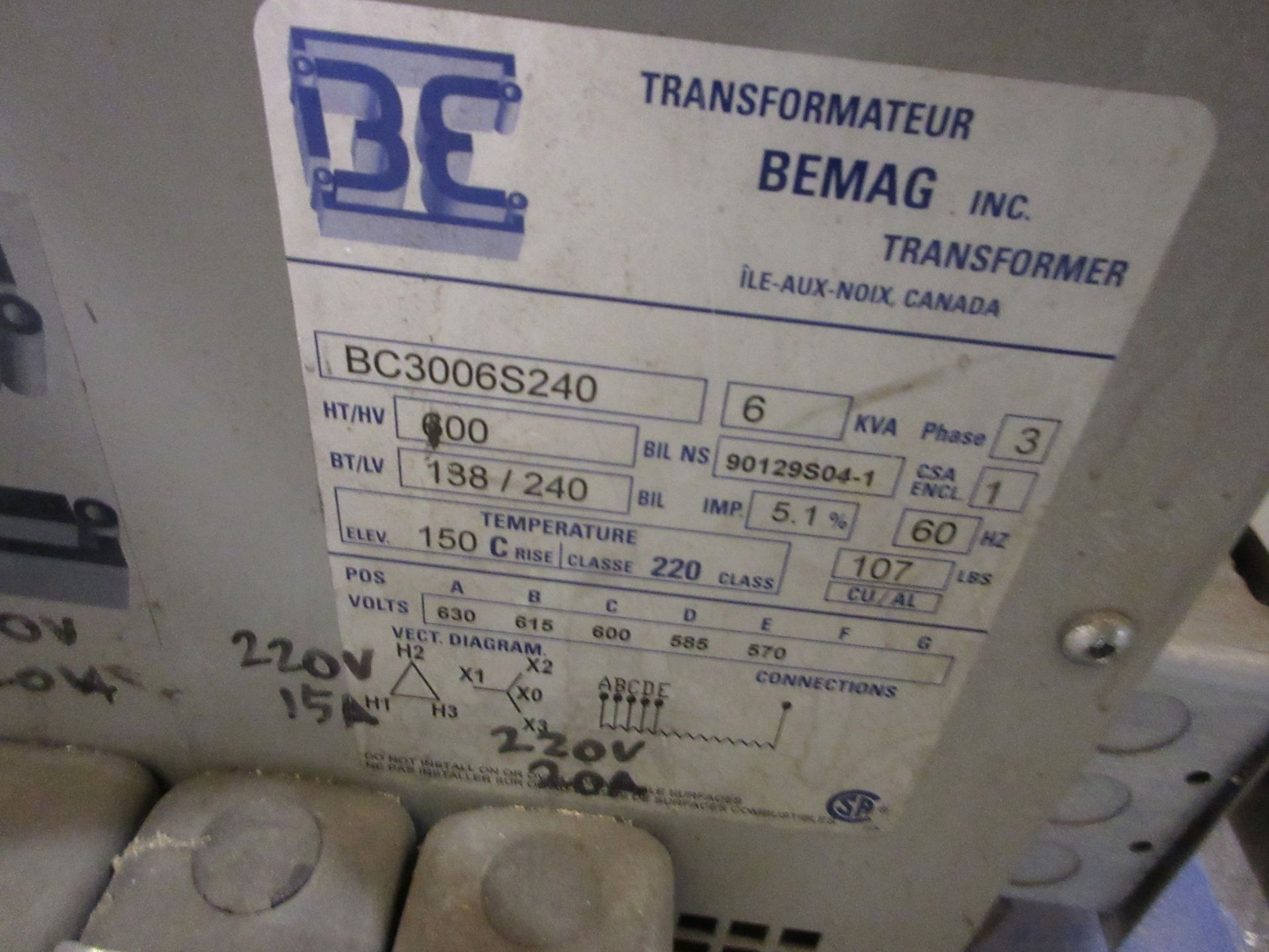 BE transformer (mod: BC3006S240), 6 Kva , 3 phase, 60 hz, 630V/615V/600V/585V/570V, 600 HT/HV, 138/ - Image 2 of 3
