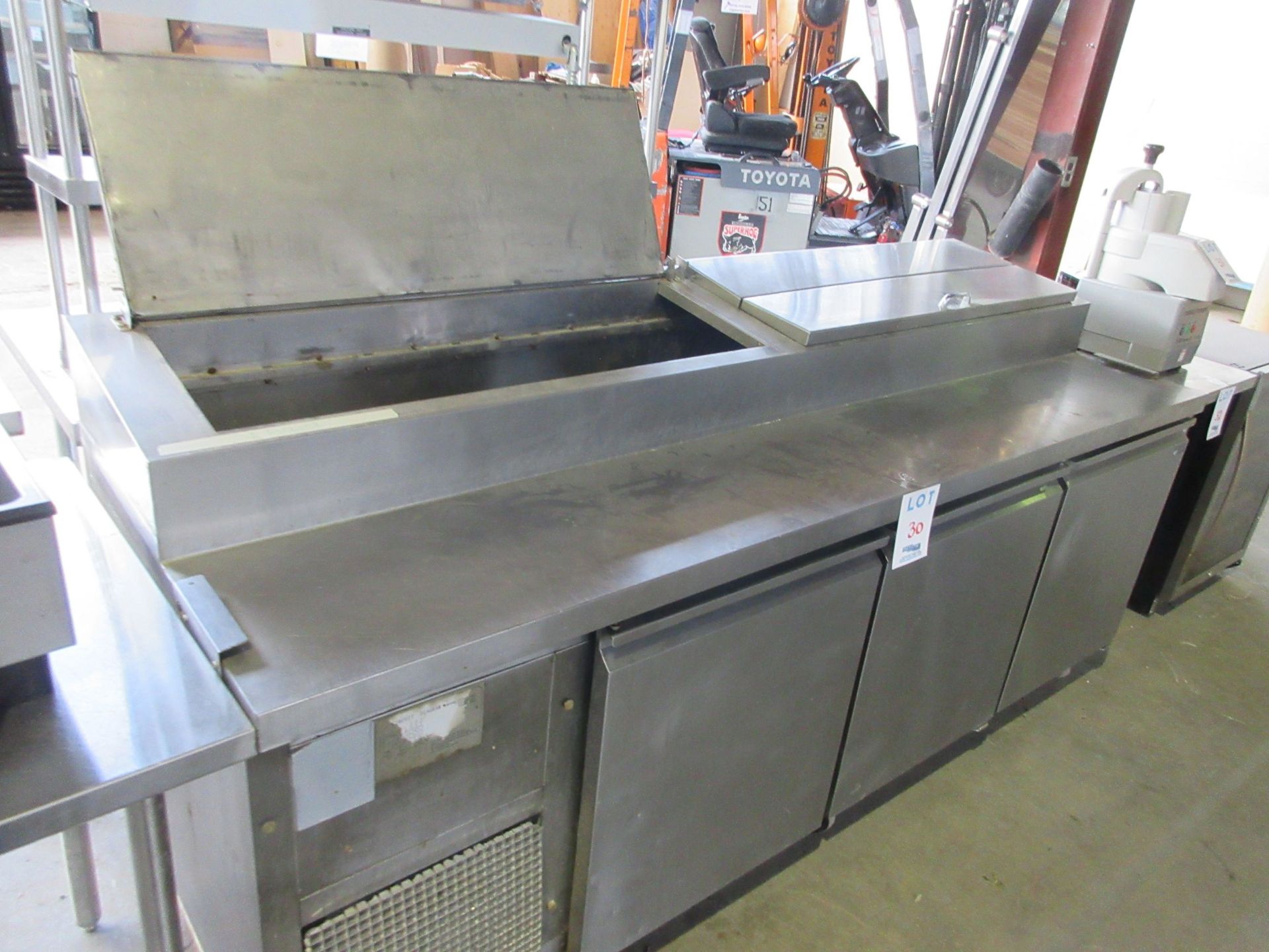 3 Door S/S refrigerated preparation table. Approx. (92”w x 31”d x 42”h) - Image 2 of 2