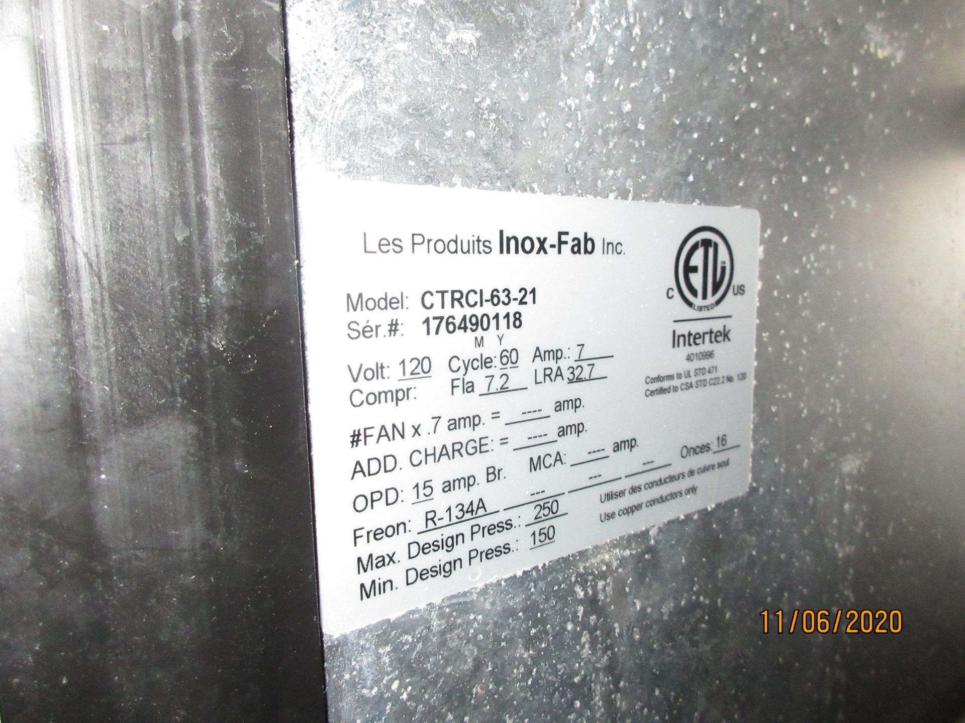 INTERTEK refrigerator unit (mod: CTRCI-63-21), 120V,7A w/ built in compressor (7.2 Fla, 32.7 LRA) - Image 4 of 7