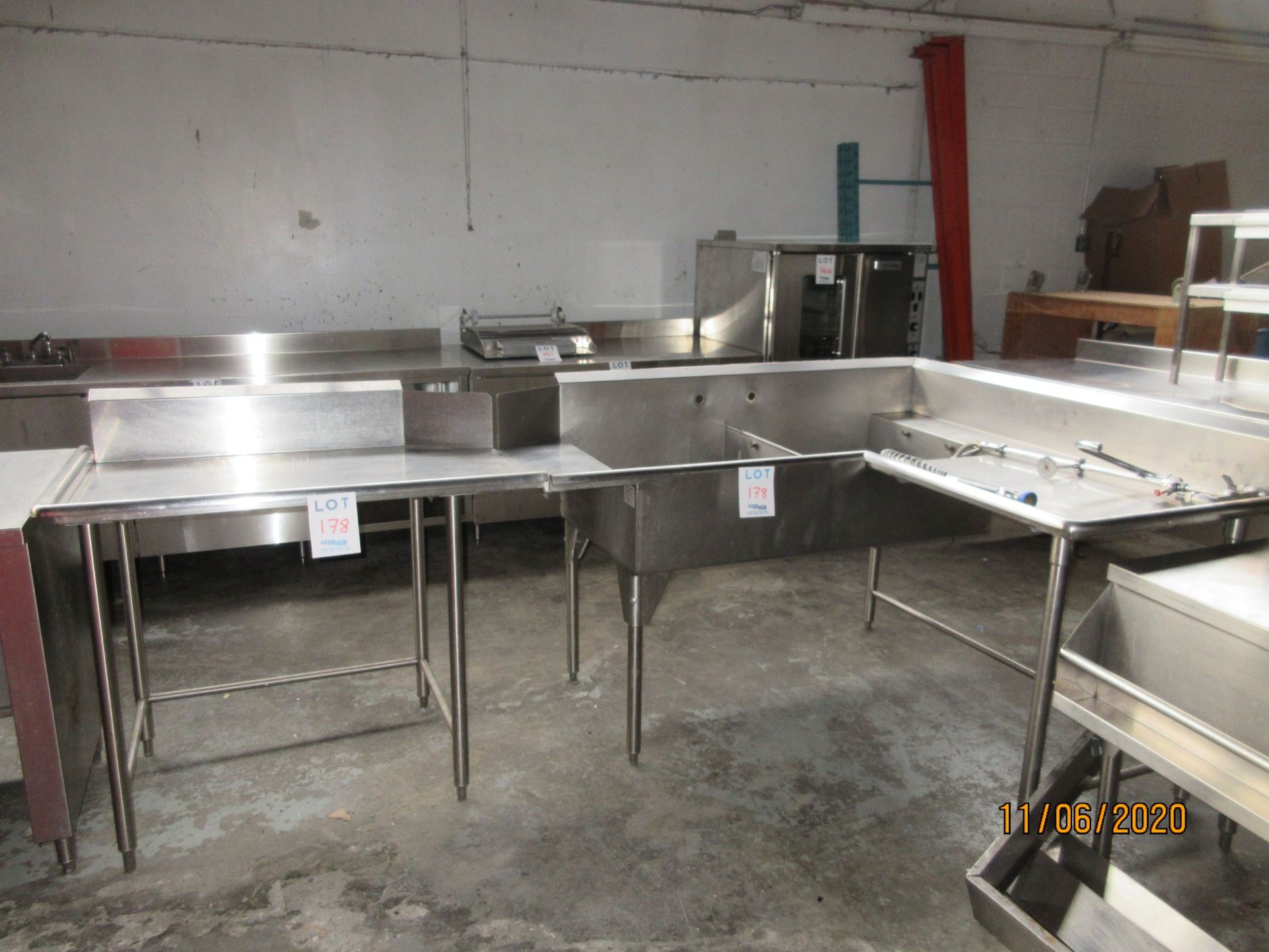 LOT Including (2) section commercial sink w/ faucet (approx. 112"w x 59"d x 42"h)