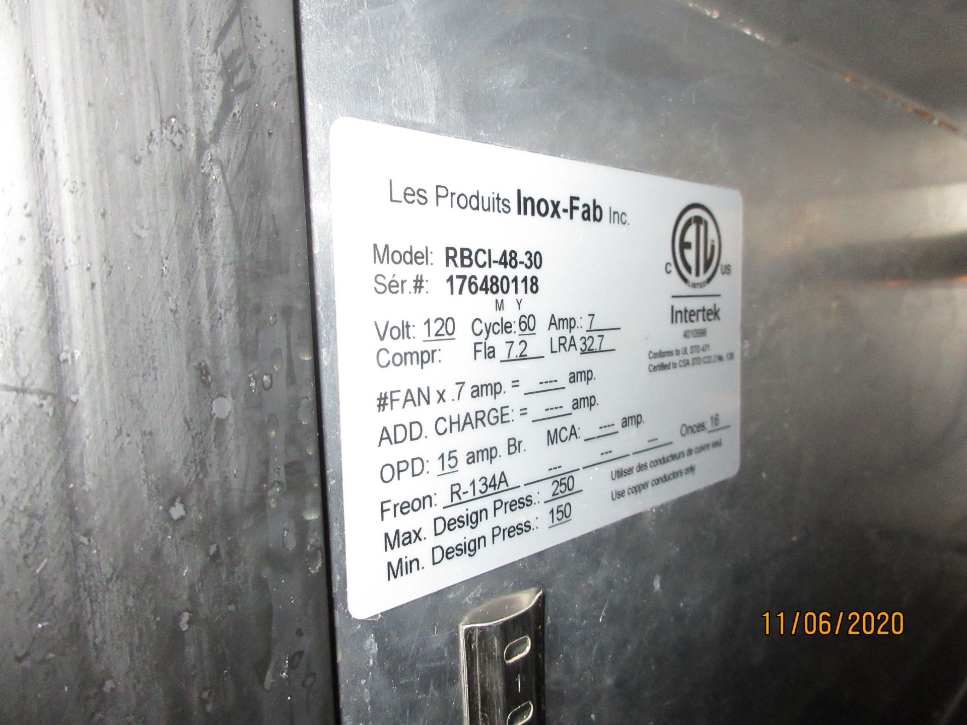 INTERTEK refrigerator unit (mod: RBCI-48-30), 120V,7A w/ built in compressor (7.2 Fla, 32.7 LRA) - Image 3 of 6