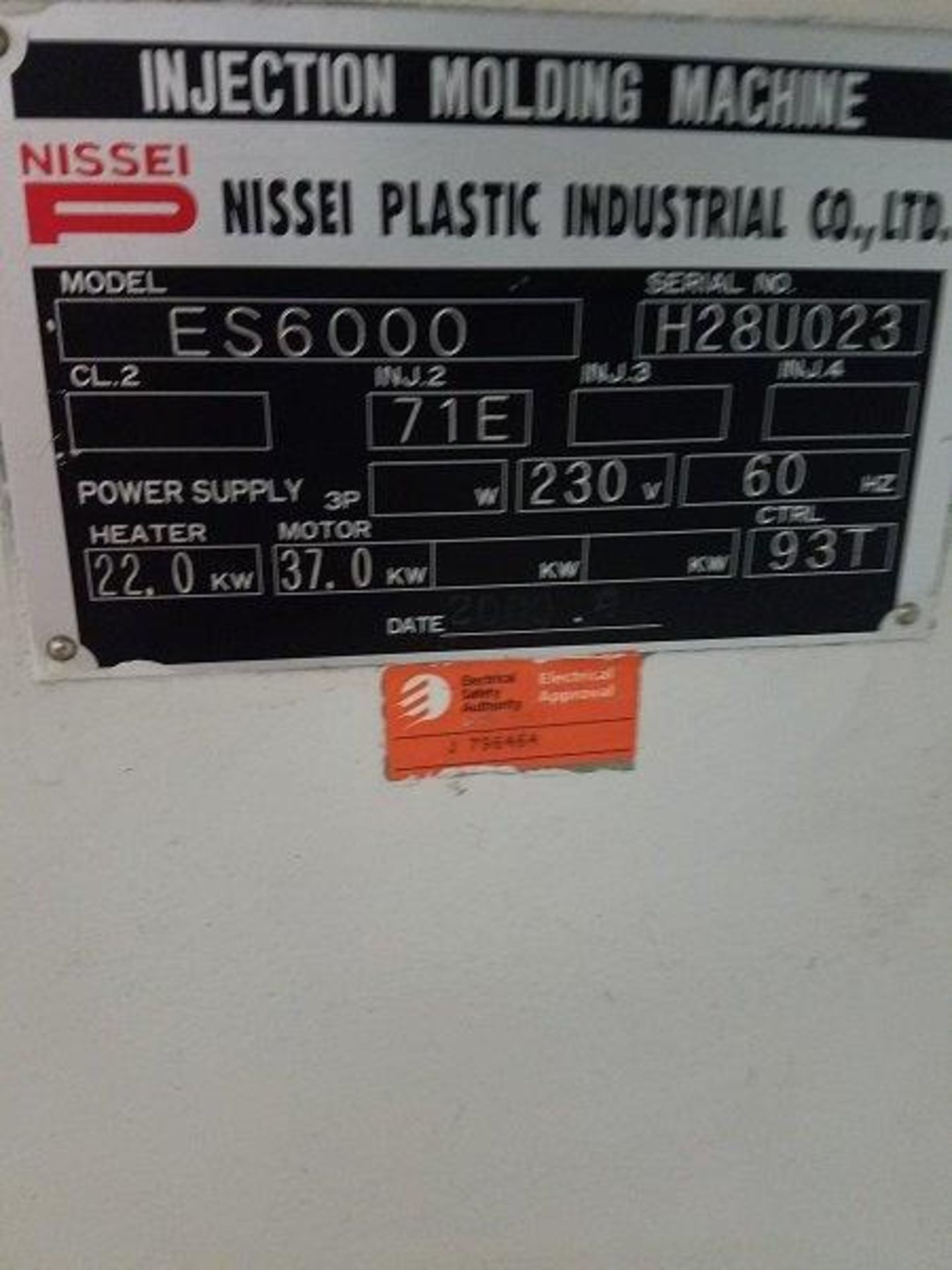 310 Ton 28.3 Oz. Nissei "Electric" ES6000-71E Injection Molding Machine, NC9300T Control, 2000 ( - Image 5 of 5