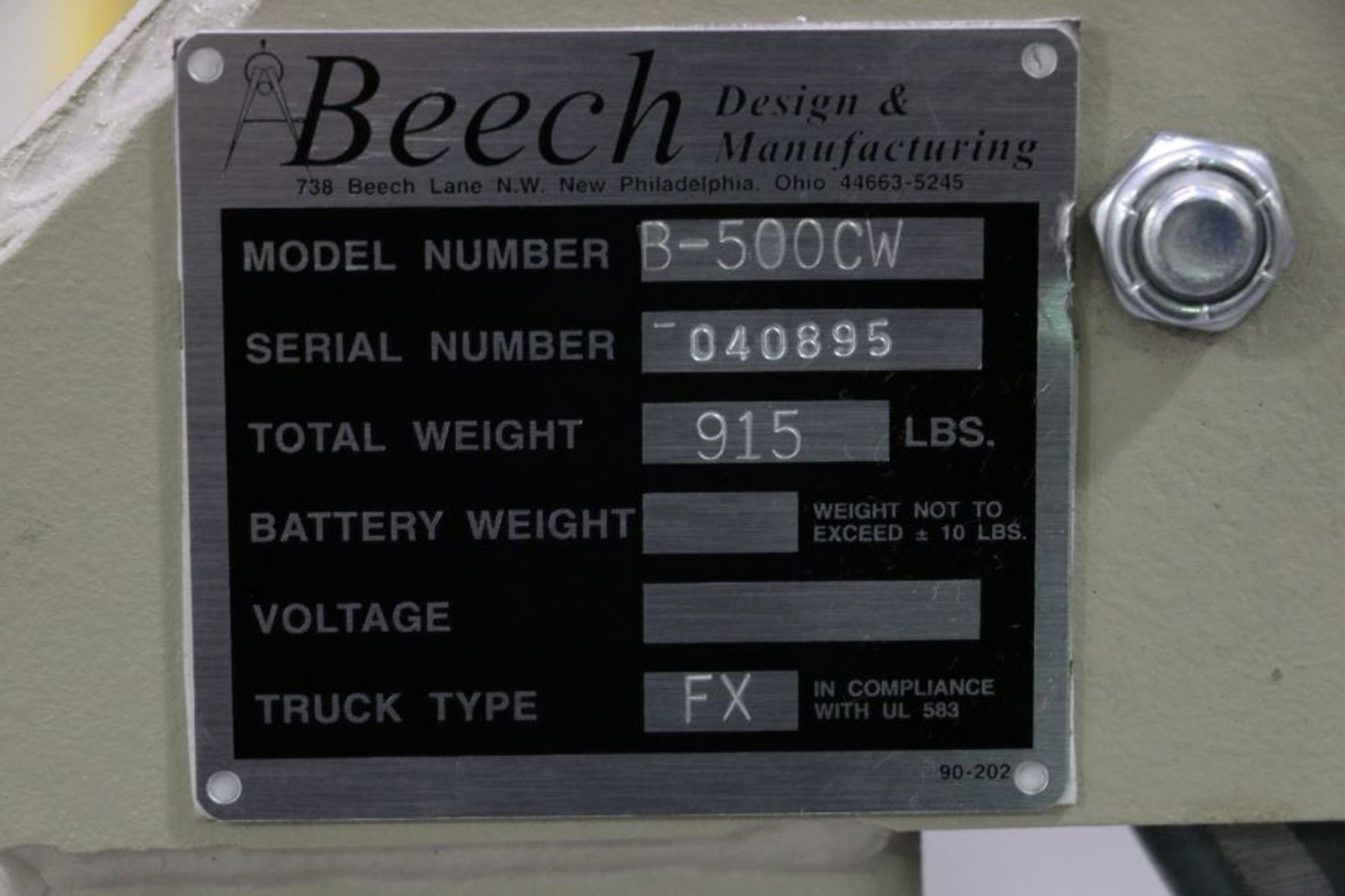 Beech B-500CW 500Lbs. Cap. Counter Weighted Floor Crane, s/n 040895 - Image 4 of 4