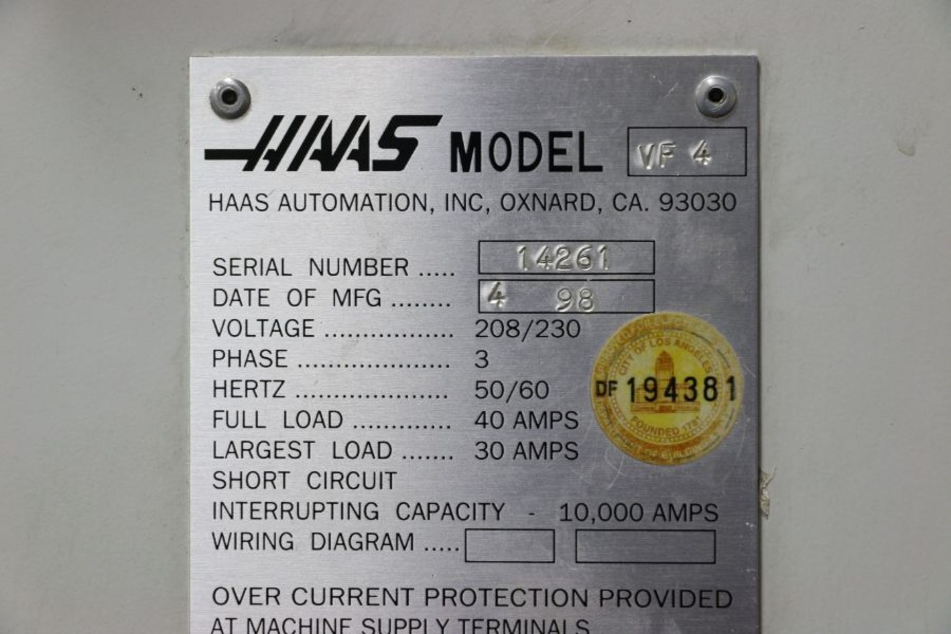 Haas VF-4, 50” x 20” x 25” Travels, 20 Position Tool Carousel, CTS, CT-40 Taper, s/n 14261, New 1998 - Image 12 of 12