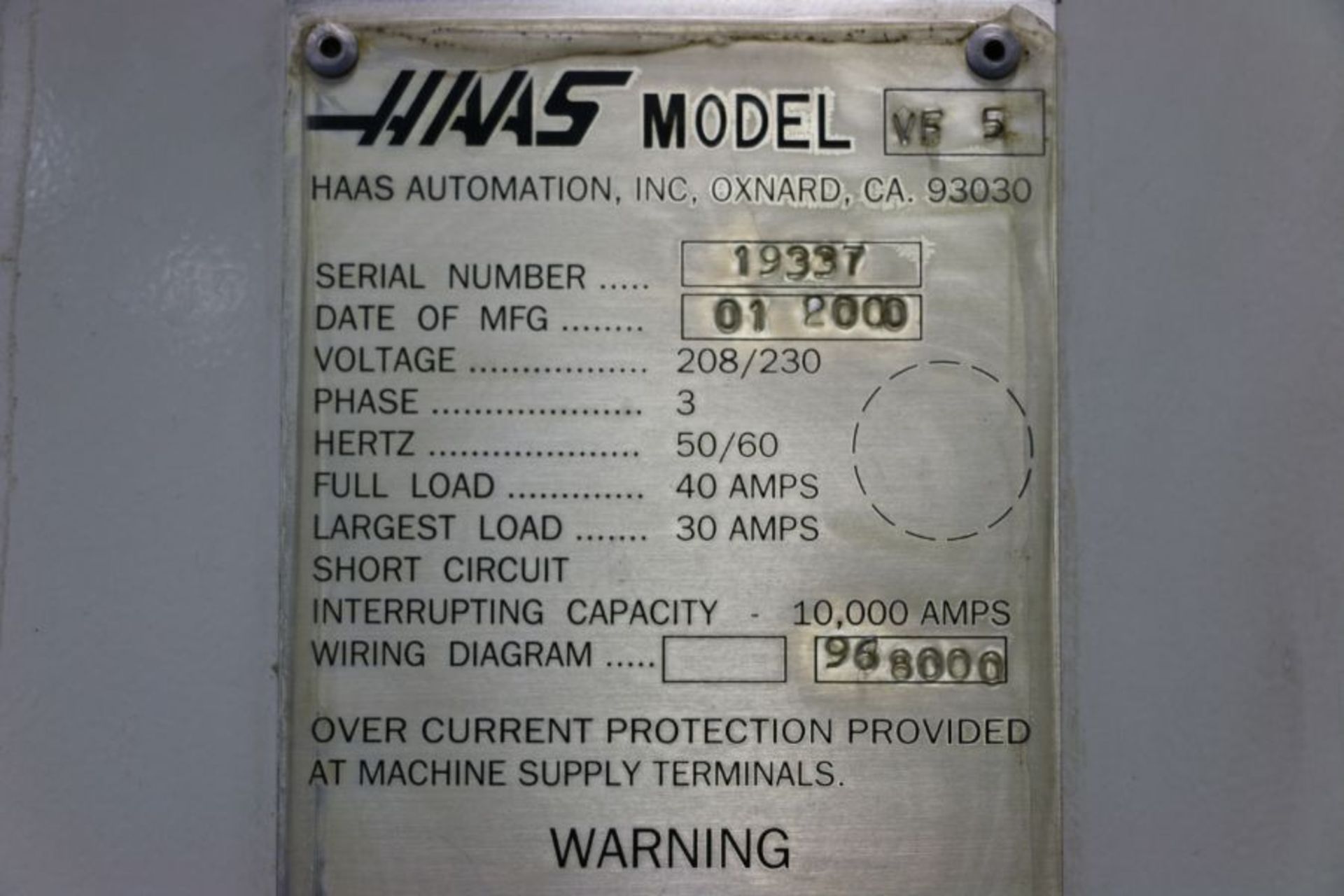 Haas VF-5, 50” x 26” x 25” Travels, 20 Position Tool Carousel, CT-40 Taper, s/n 19337, New 2000 - Image 13 of 13