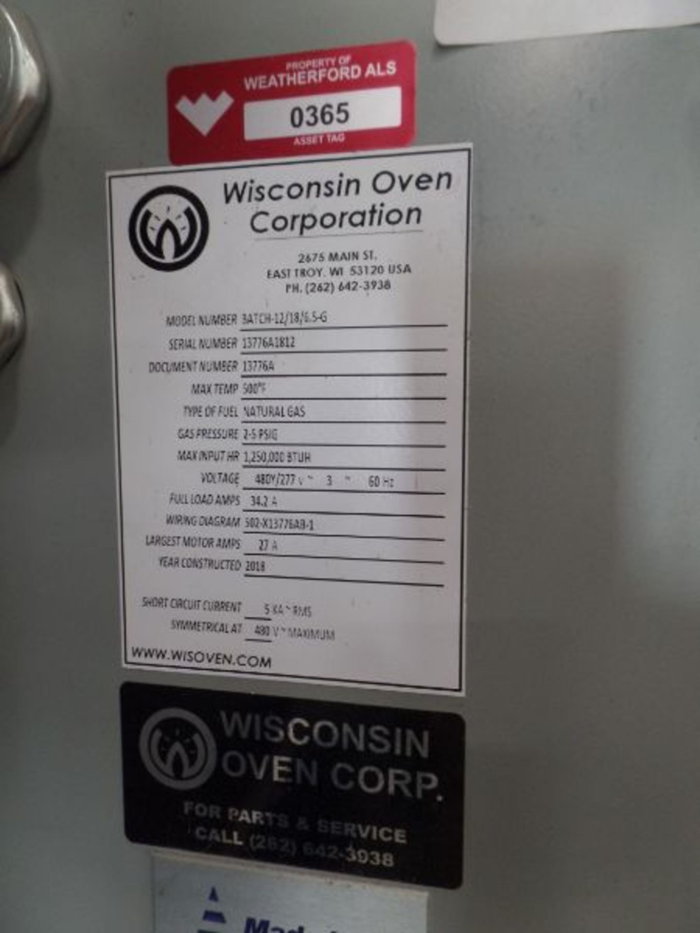 Wisconsin Oven Batch-12/18/6.5-G Walk-In Oven, 500 Degree Max Temp. Natural Gas, New 2019 - Image 9 of 9