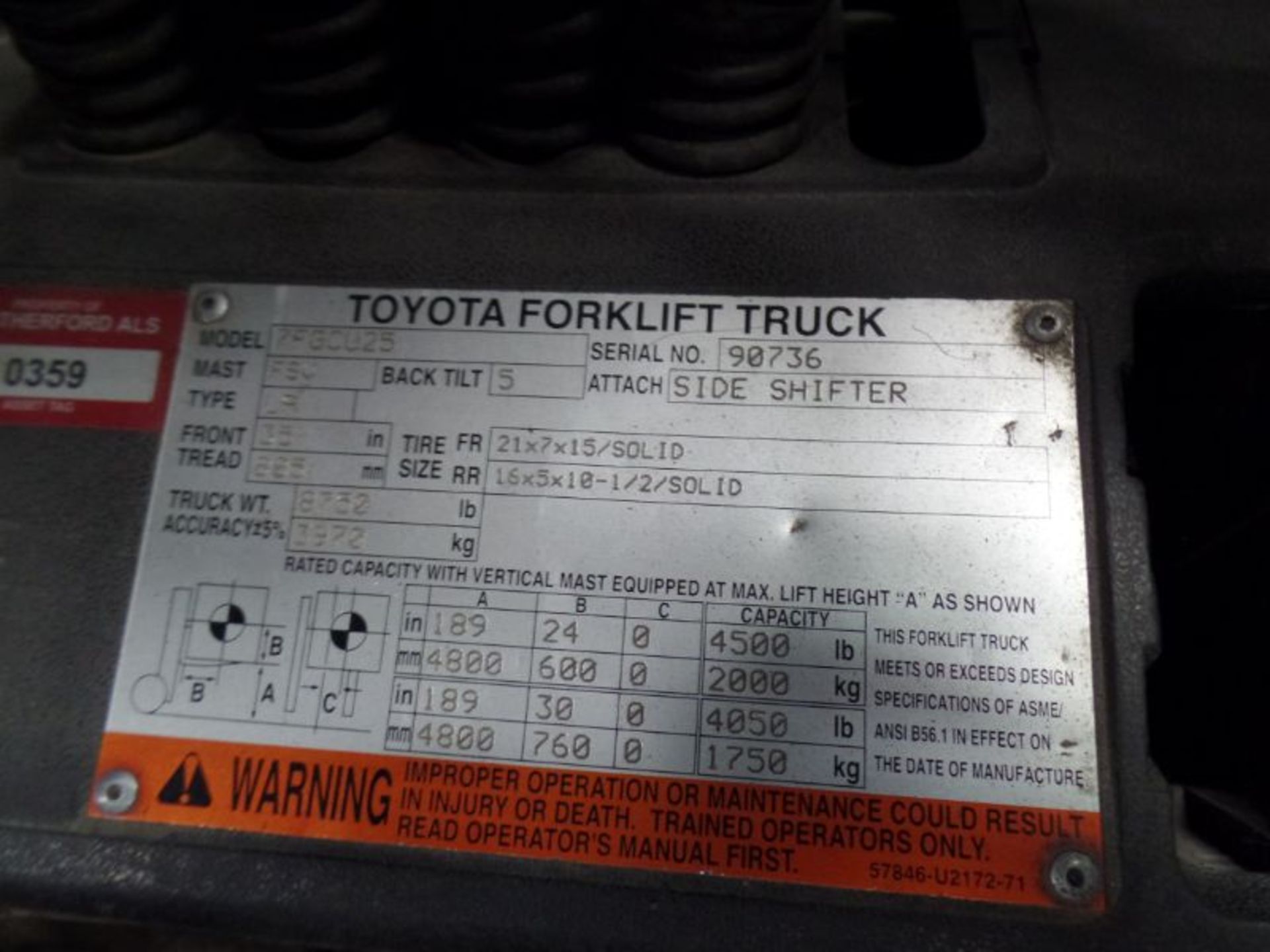 Toyota 7FGCU25 4,500lbs Cap. Forklift, s/n 90736 *Needs Repair* - Image 6 of 6