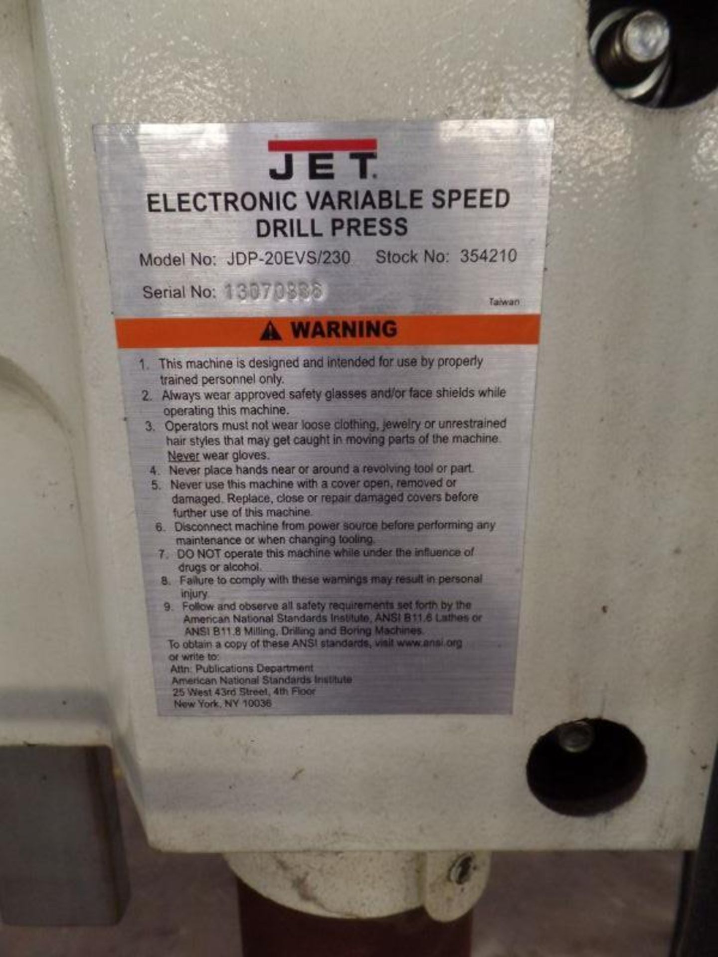 Jet JDP-20EVS/230 Variable Speed Drill Press, s/n 13070836 - Image 6 of 6