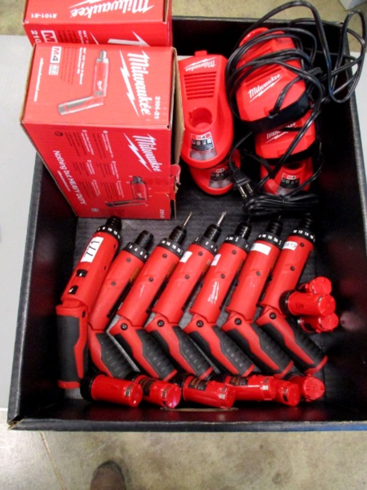 (7) Milwaukee M4 1/4" Hex 2-Speed Screwdrivers and (7) chargers - Image 2 of 2