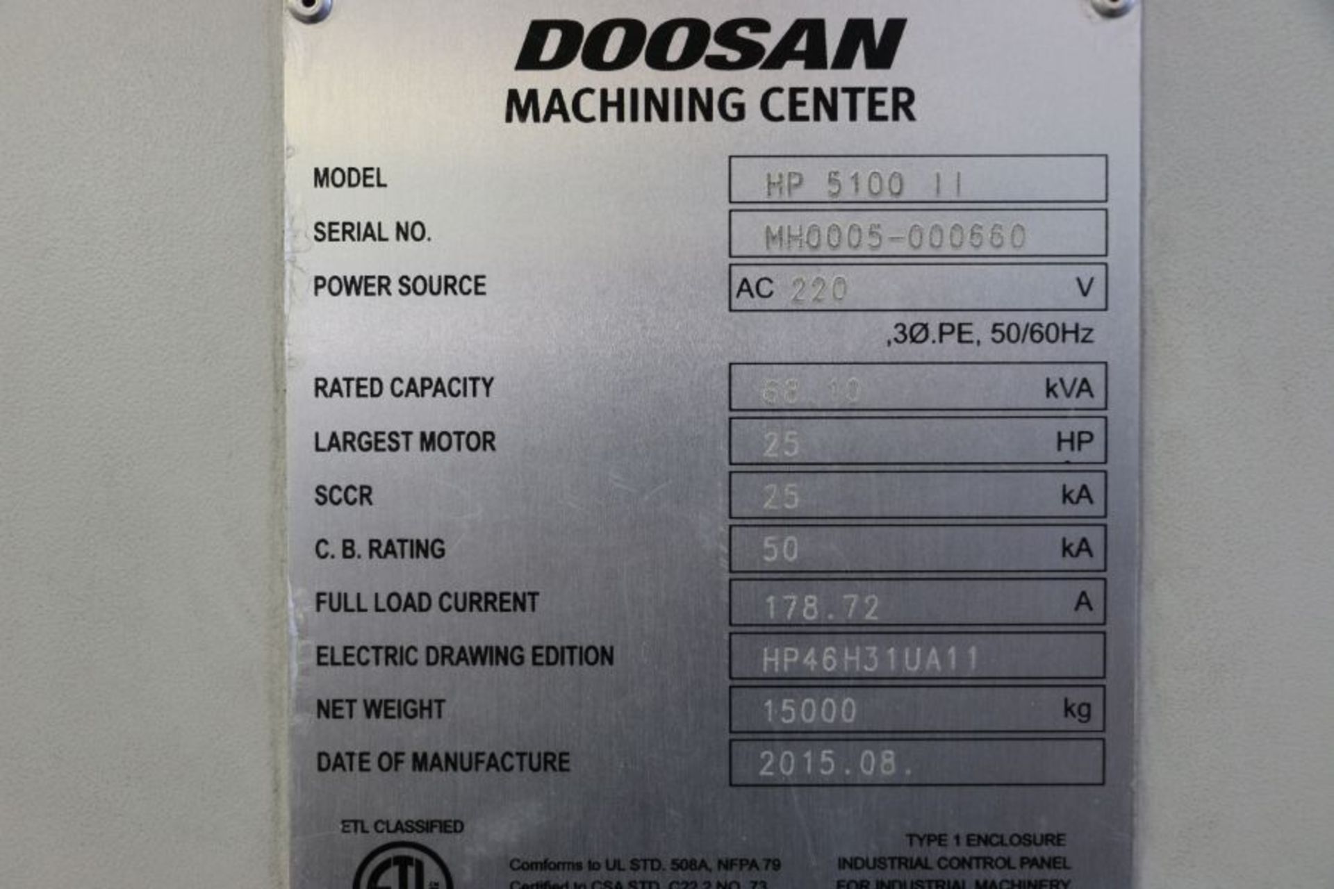 2015, Doosan HP-5100 4 Axis HMC, Fanuc 31i-Model B CTRL, 14k RPM, 60 ATC, CT40, (2) 20"sq. Pallets - Image 16 of 16