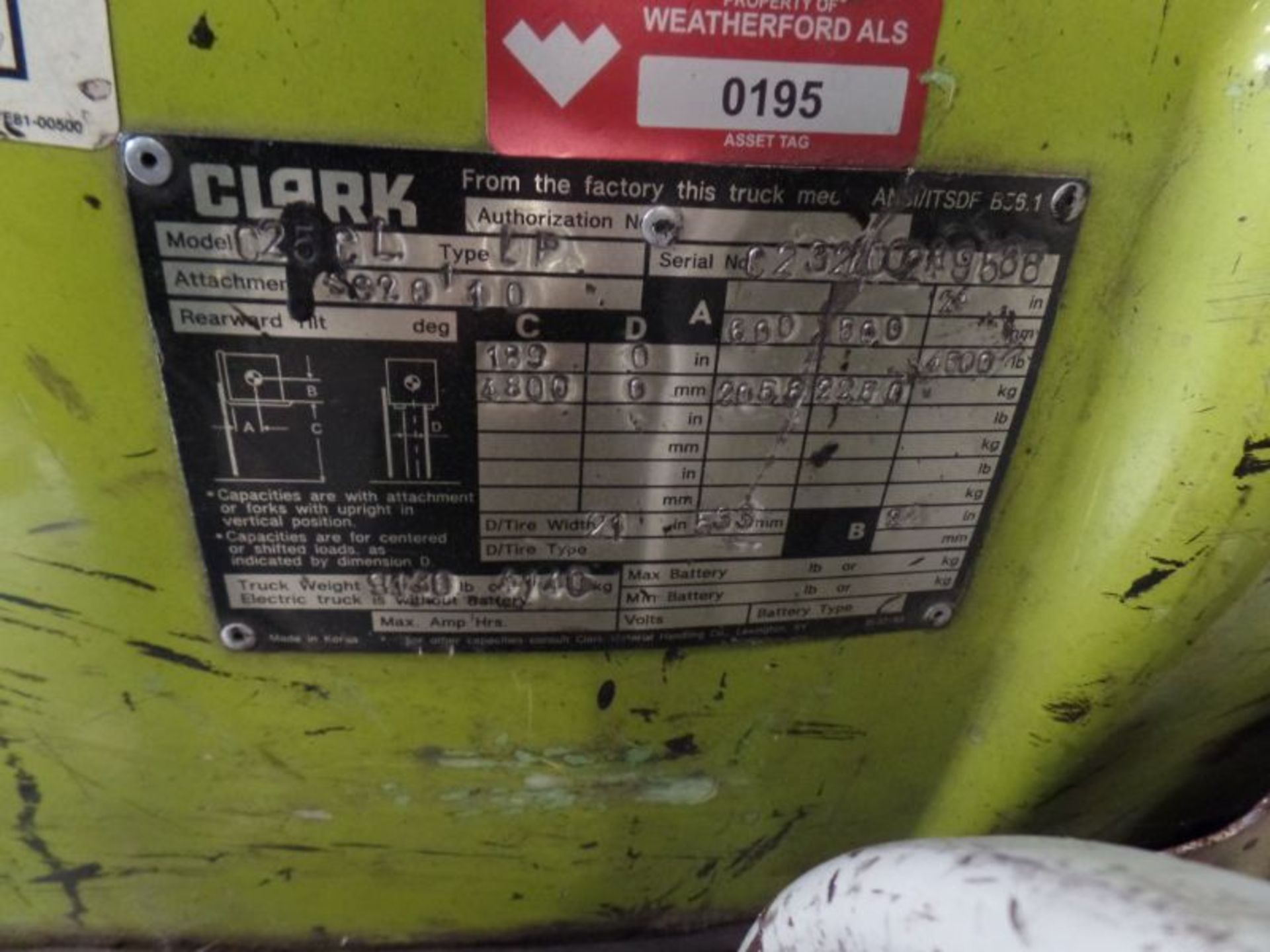 Clark C25 CL 4500lbs Cap. LPG Forklift, s/n C23200289588 *Needs Battery* - Image 4 of 4