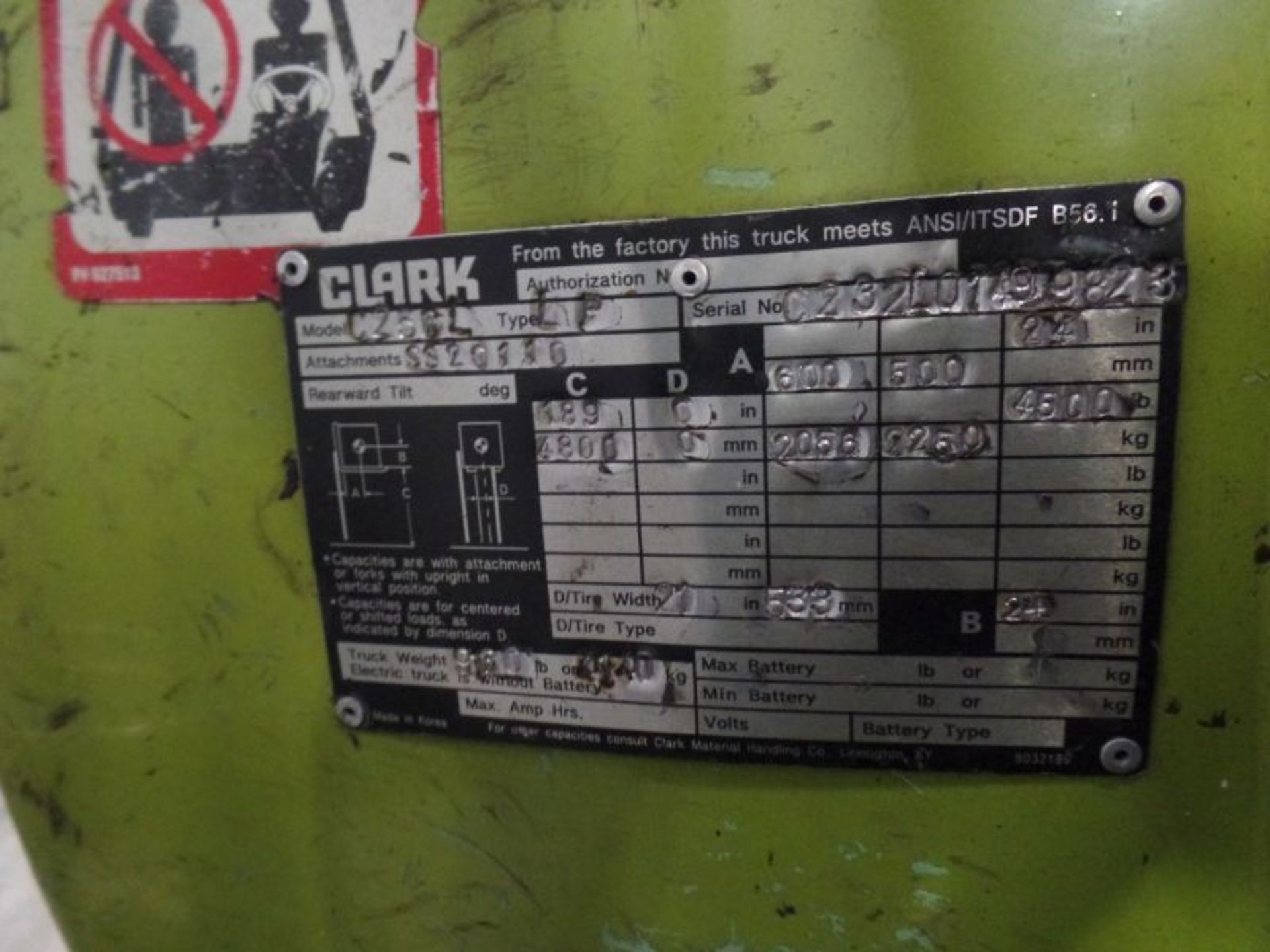 Clark C25 CL 4500lbs Cap. LPG Forklift, s/n C2321014999823 *Needs Battery* - Image 4 of 4