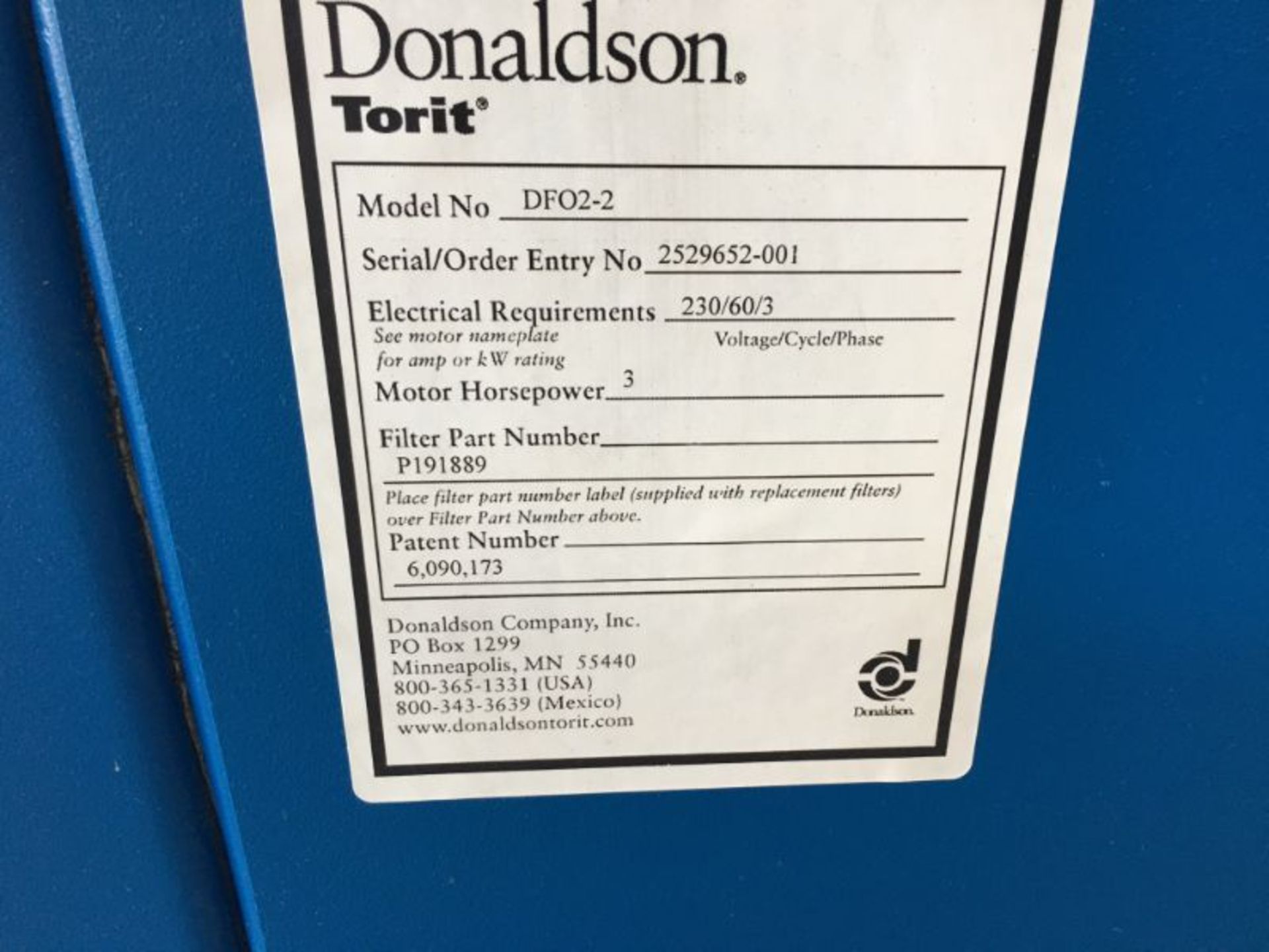 Donaldson DF02-2 Dust Collector, s/n 2529652-001 - Image 4 of 4