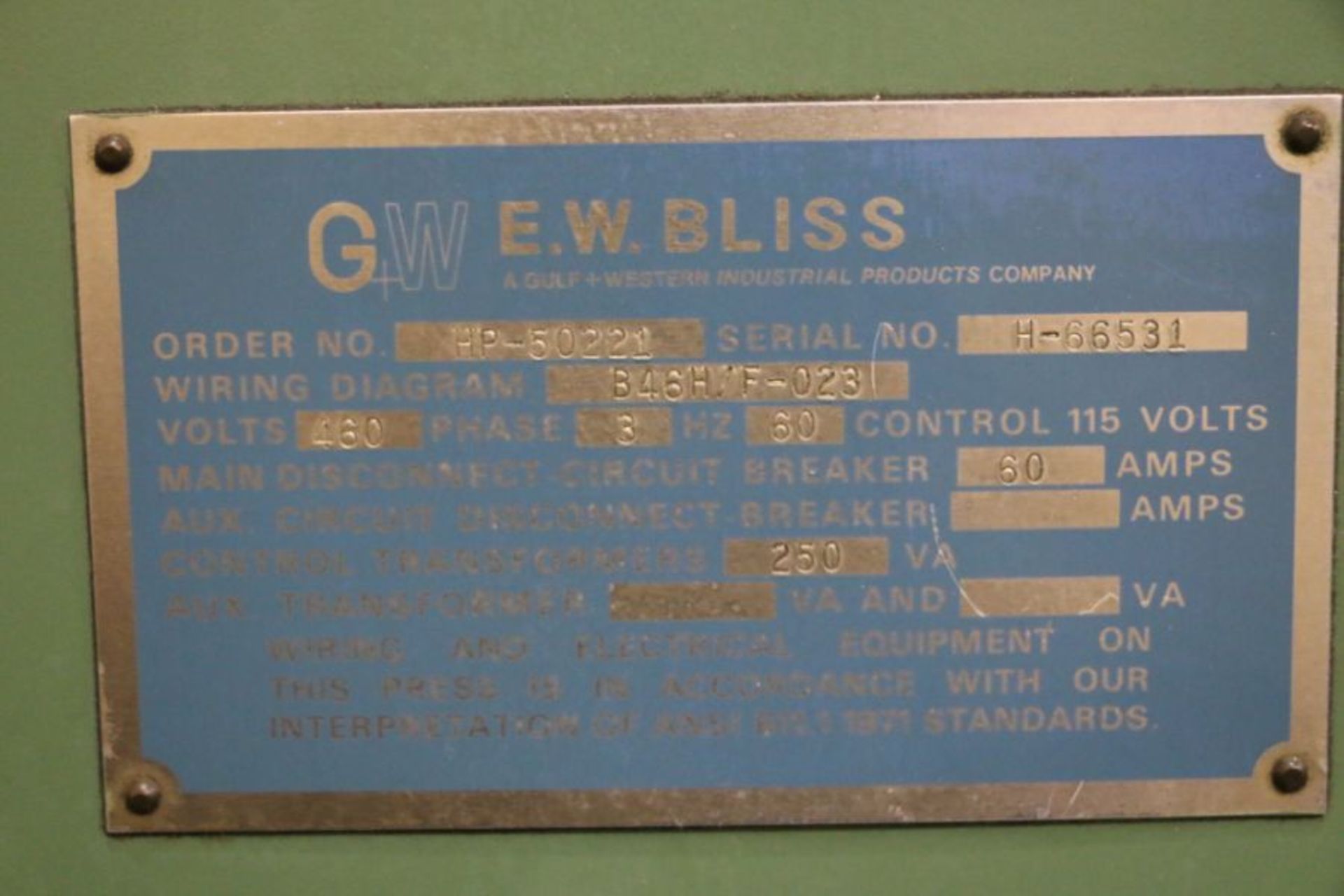 Bliss C-45 OBI Press, 45 Ton Cap., 3" Slide Adjustment, 3" Stroke, 12.25" Shut Height on Bed, s/n - Image 5 of 5