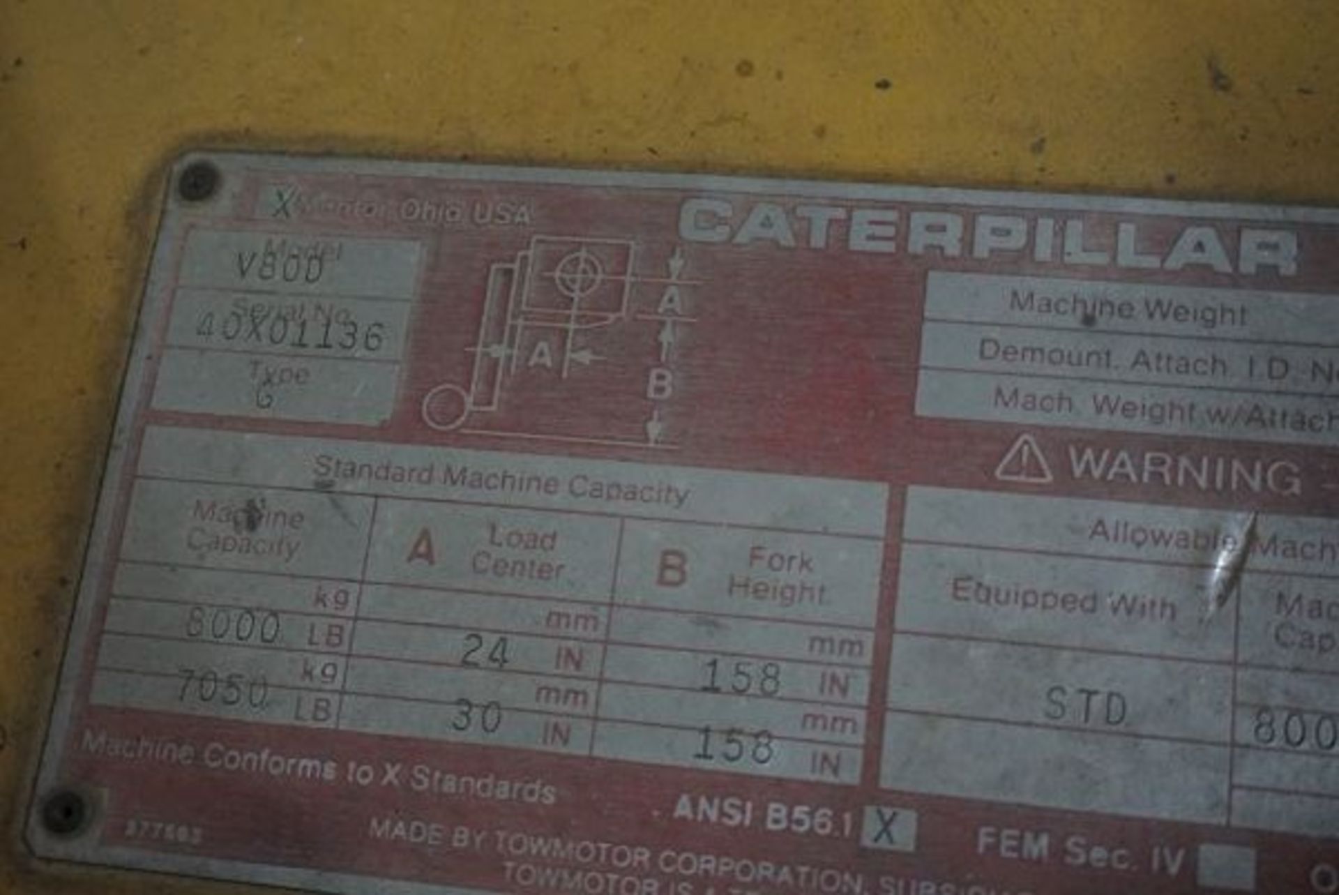 Caterpillar V80D 8000 LBS. Forklift, 2 Stage Mast, s/n 40X01136 - Image 5 of 6