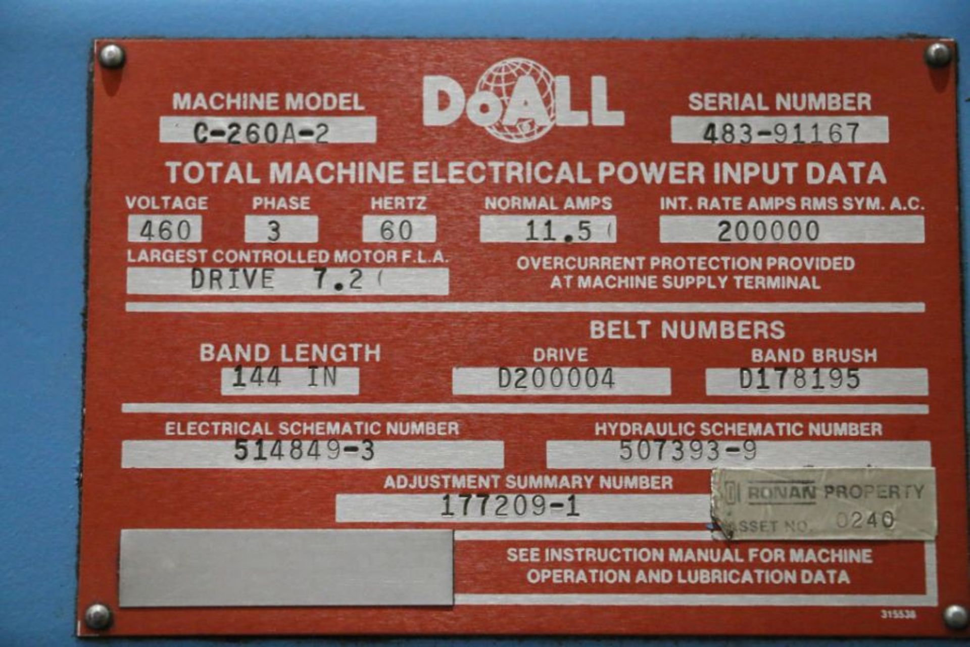 DoAll C-260 Horizontal Bandsaw, s/n 483-91167 - Image 5 of 5