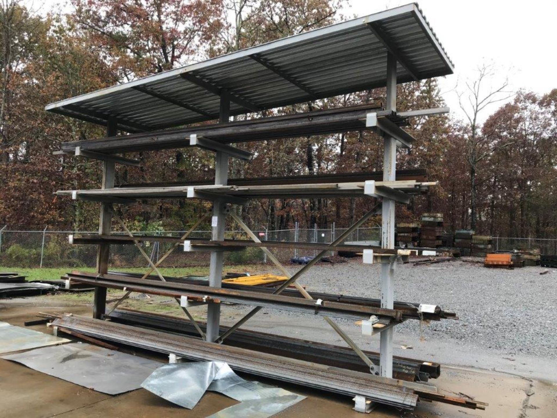 Double Sided Cabtilever Rack with Roof, 20' Long, 14' Tall, 22" Supports, (5) Supports to include