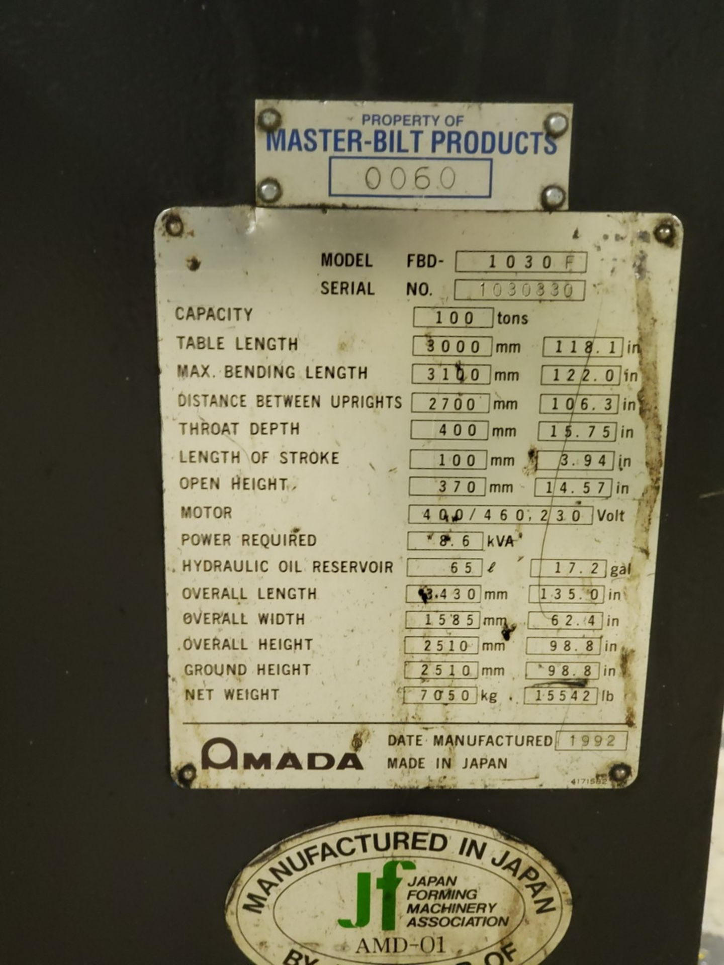 1992 Amada Fab 100D CNC Press Brake - Image 9 of 9