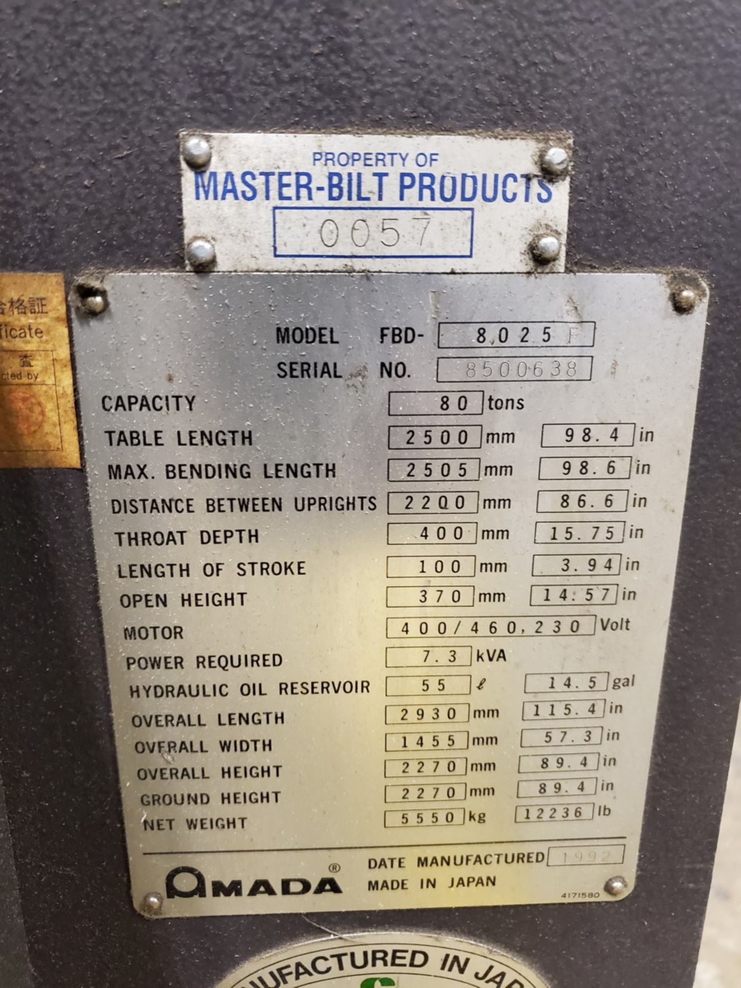 1992 Amada Fab 80D CNC Press Brake - Image 7 of 7