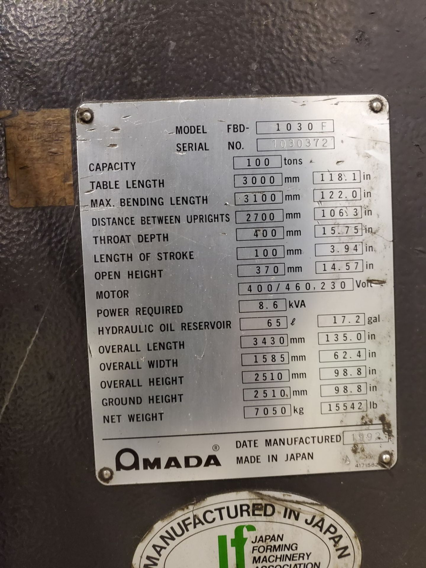 1993 Amada Fab 100D CNC Press Brake - Image 11 of 11