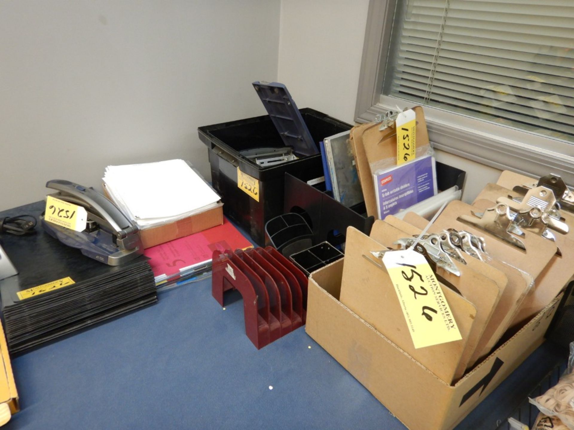 L/O ASSORTED OFFICE SUPPLIES INCLUDING CLIP BOARD, FILE TRAYS, HOLE PUNCHES, ETC