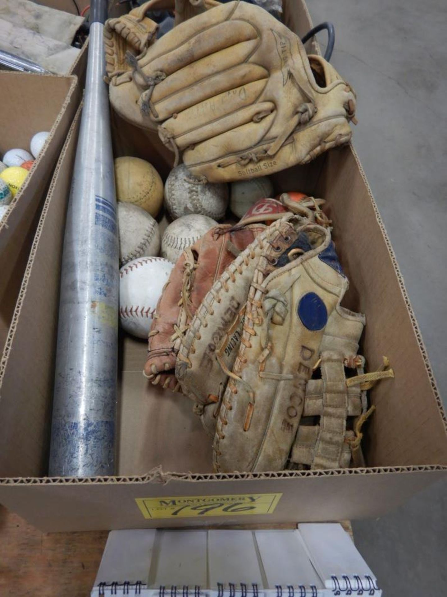 L/O BALL GLOVES, BASEBALLS, BAT, GOLF BALLS, TENNIS BALLS, ETC