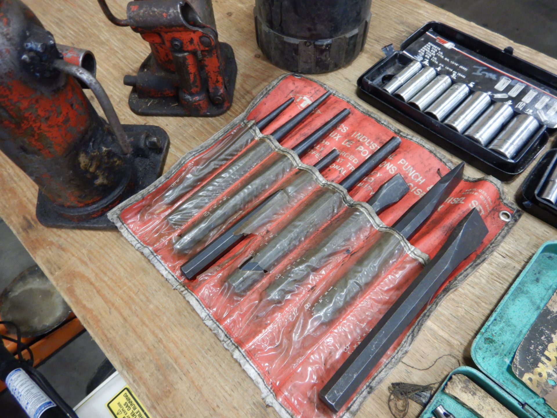 L/O ASSORTED DEEP & SHALLOW SOCKETS, L/O PUNCHES & CHISELS, 2-BOTTLE JACKS, WELDING ROD CONTAINER - Image 2 of 5