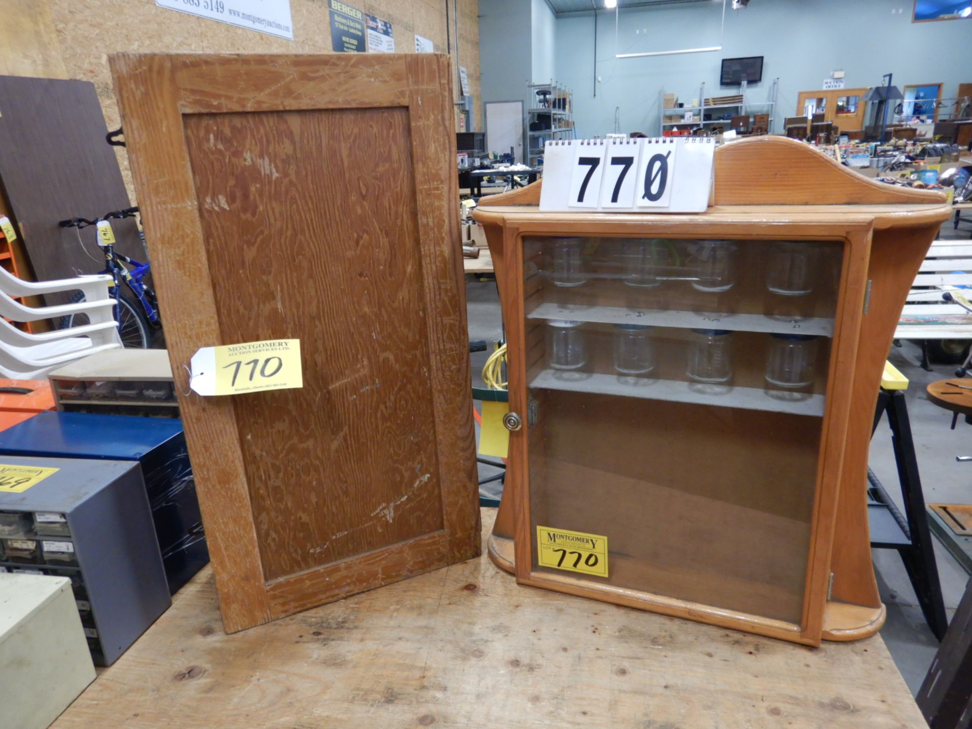 1-WOOD STORAGE CABINET 16"X30"X7', 1-WOOD/GLASS DRAWER STORAGE CABINET 21"X22"X4.5"