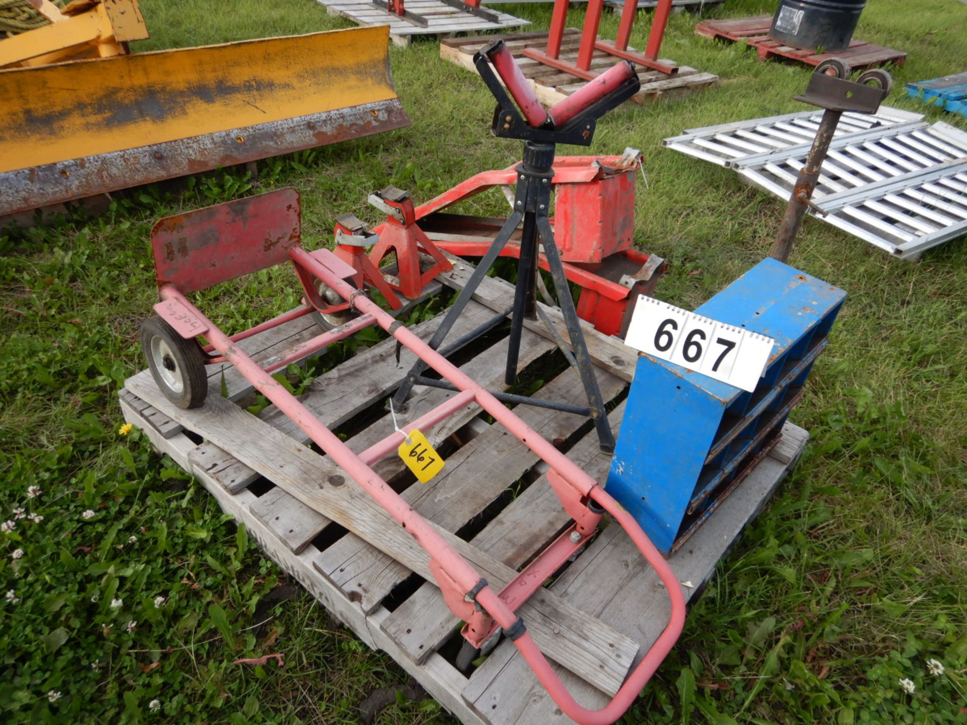 2-WHEEL DOLLY, BOLT BIN, INFEED ROLLER, CAR RAMPS, JACK STANDS, ETC