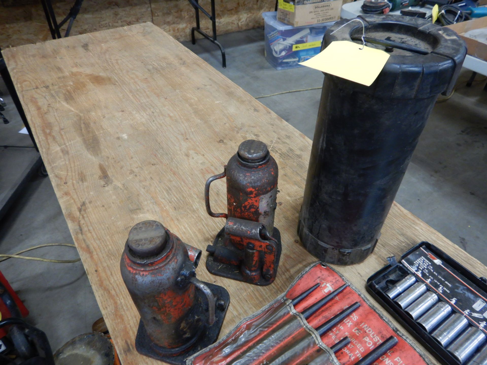 L/O ASSORTED DEEP & SHALLOW SOCKETS, L/O PUNCHES & CHISELS, 2-BOTTLE JACKS, WELDING ROD CONTAINER - Image 4 of 5