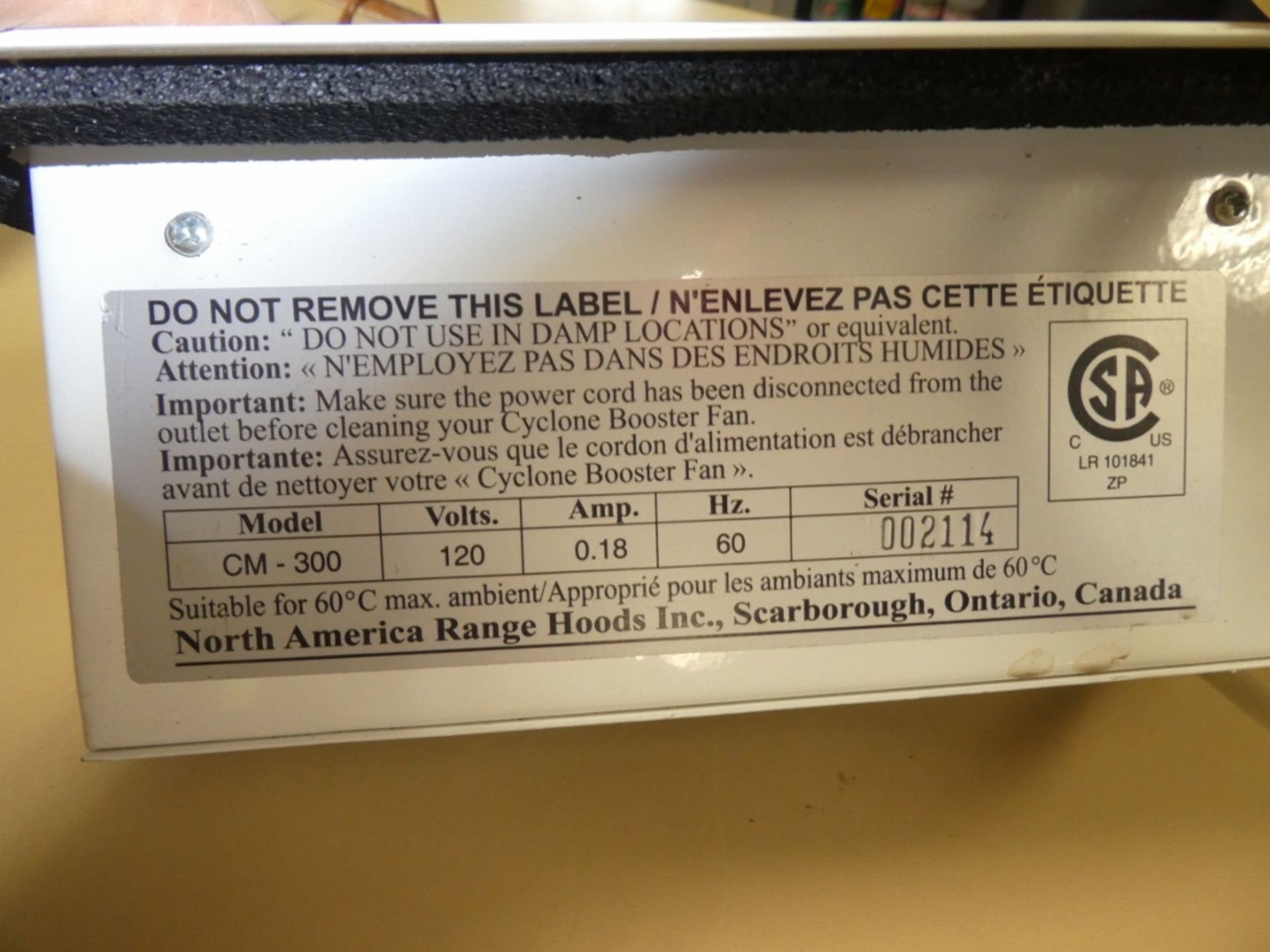 CYCLONE IN-FLOOR REGISTER BOOSTER FAN ELCTRIC -110V MODEL CM300S/N 1002114NORTH AMERICA RANGES HOODS - Image 2 of 2