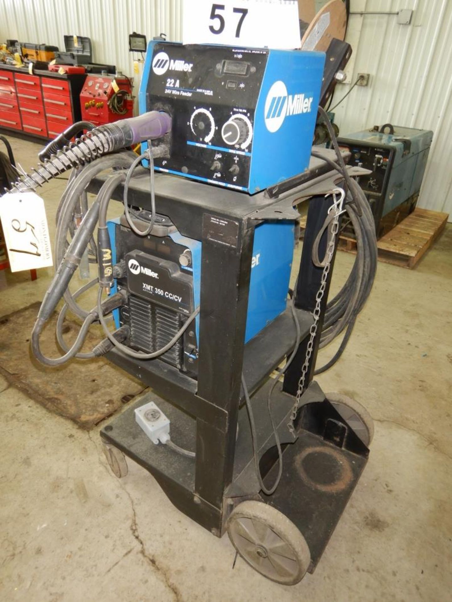 MILLER XMT350 CC/CV POWER SOURCE W/ MILLER 22A/24B WIRE FEEDER W/ CABLE & CARTS/N LG350125A, S/N