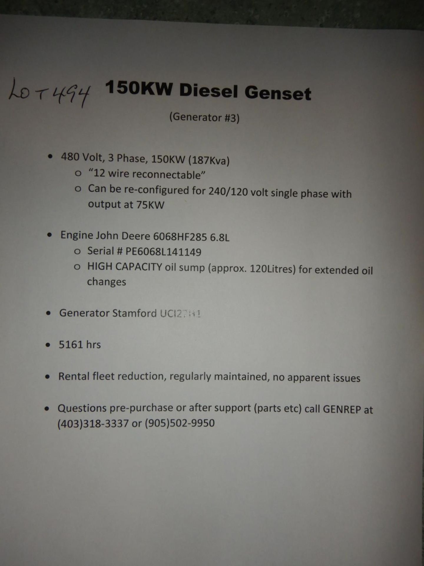 STAMFORD 150 KW (187 KVA STATIONARY GENERATOR W/JOHN DEERE 6.8L DIESEL ENGINE, 480V/3PH S/N PE - Image 11 of 11