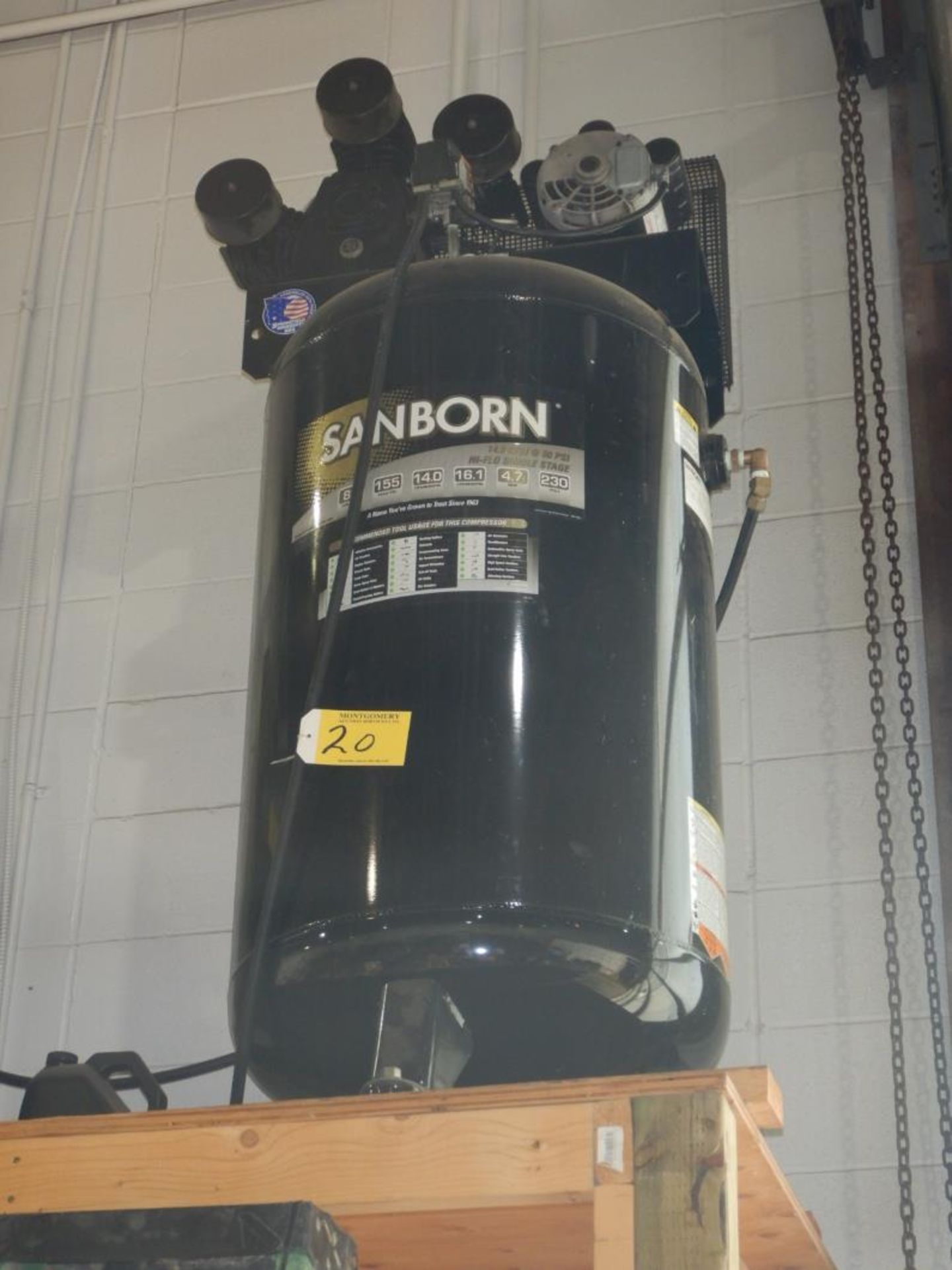 SANBORN UPRITE AIR COMPRESSOR, 230V. 14.0 CFM, 90 PSI HIFLOW SINGLE STAGE COMPRESSOR, 80 GAL, 155