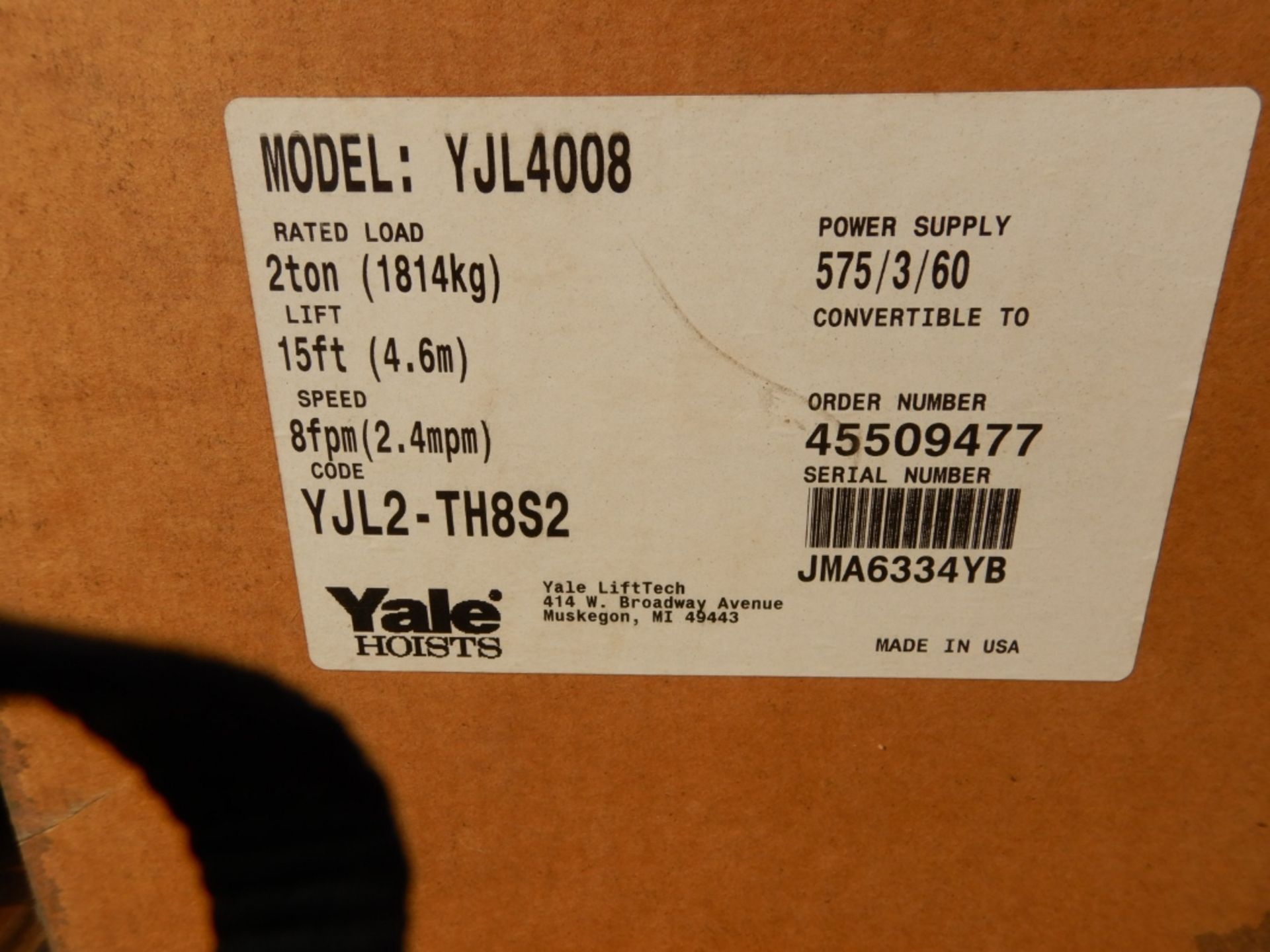 YALE 4008-5 ELECTRIC CHAIN HOIST 1 HP, 2 TON CAP. (NEW IN BOX) - Image 4 of 4