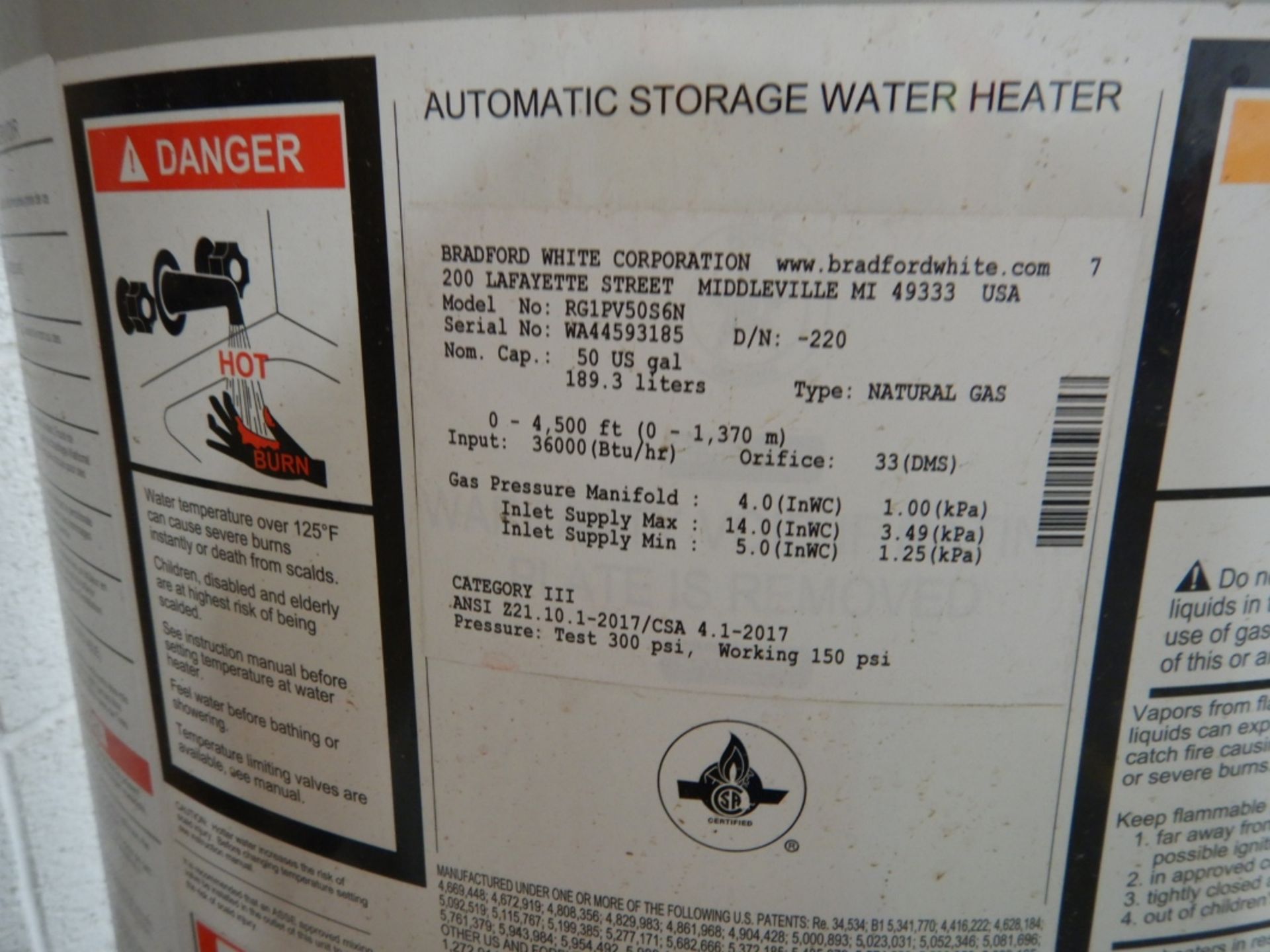 2017 BRADFORD WHITE DEFENDER AUTOMATIC STORAGE WATER HEATER, 50 US GAL, 36,000 BTU - Image 2 of 2