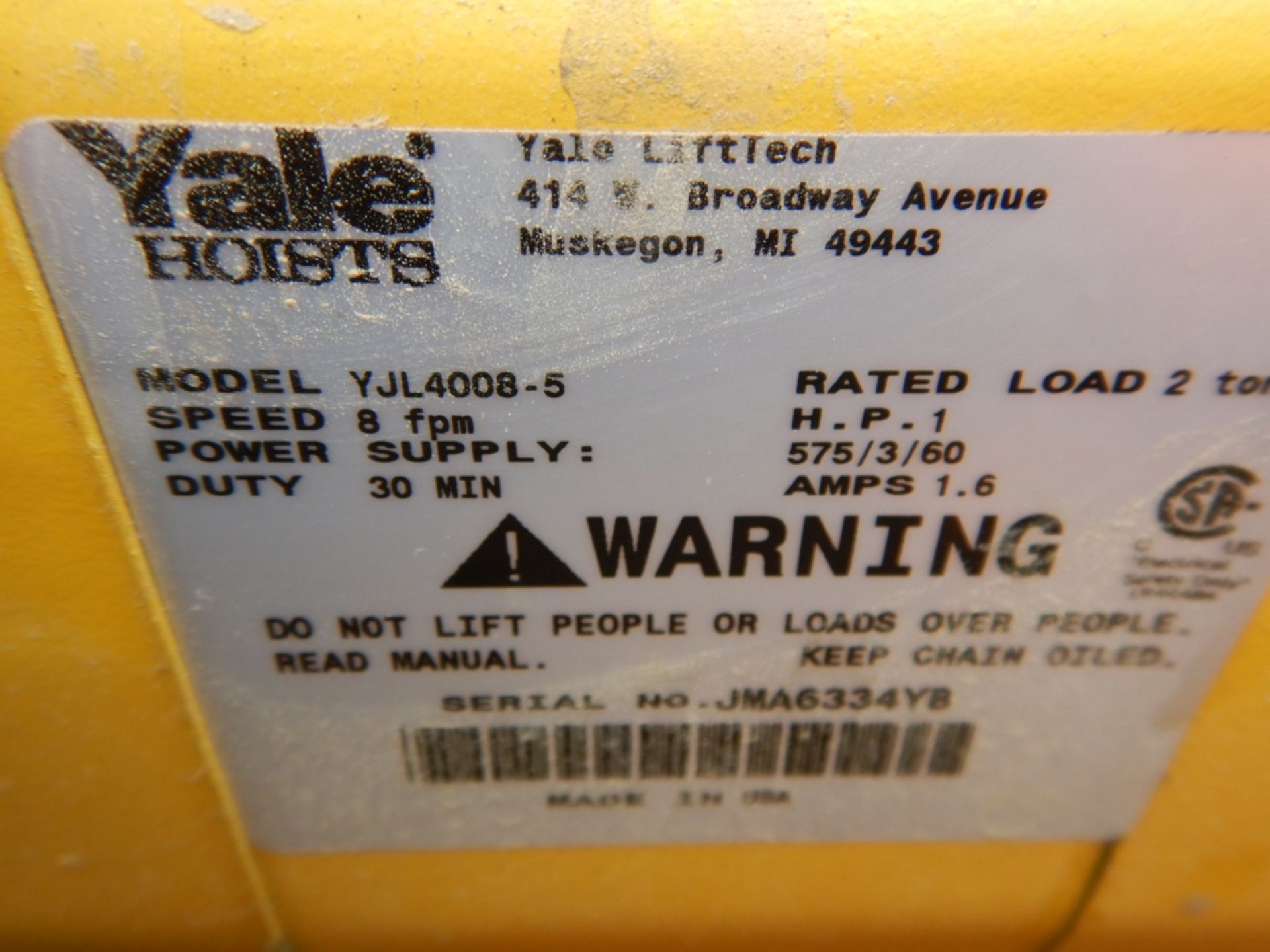 YALE 4008-5 ELECTRIC CHAIN HOIST 1 HP, 2 TON CAP. (NEW IN BOX) - Image 2 of 4