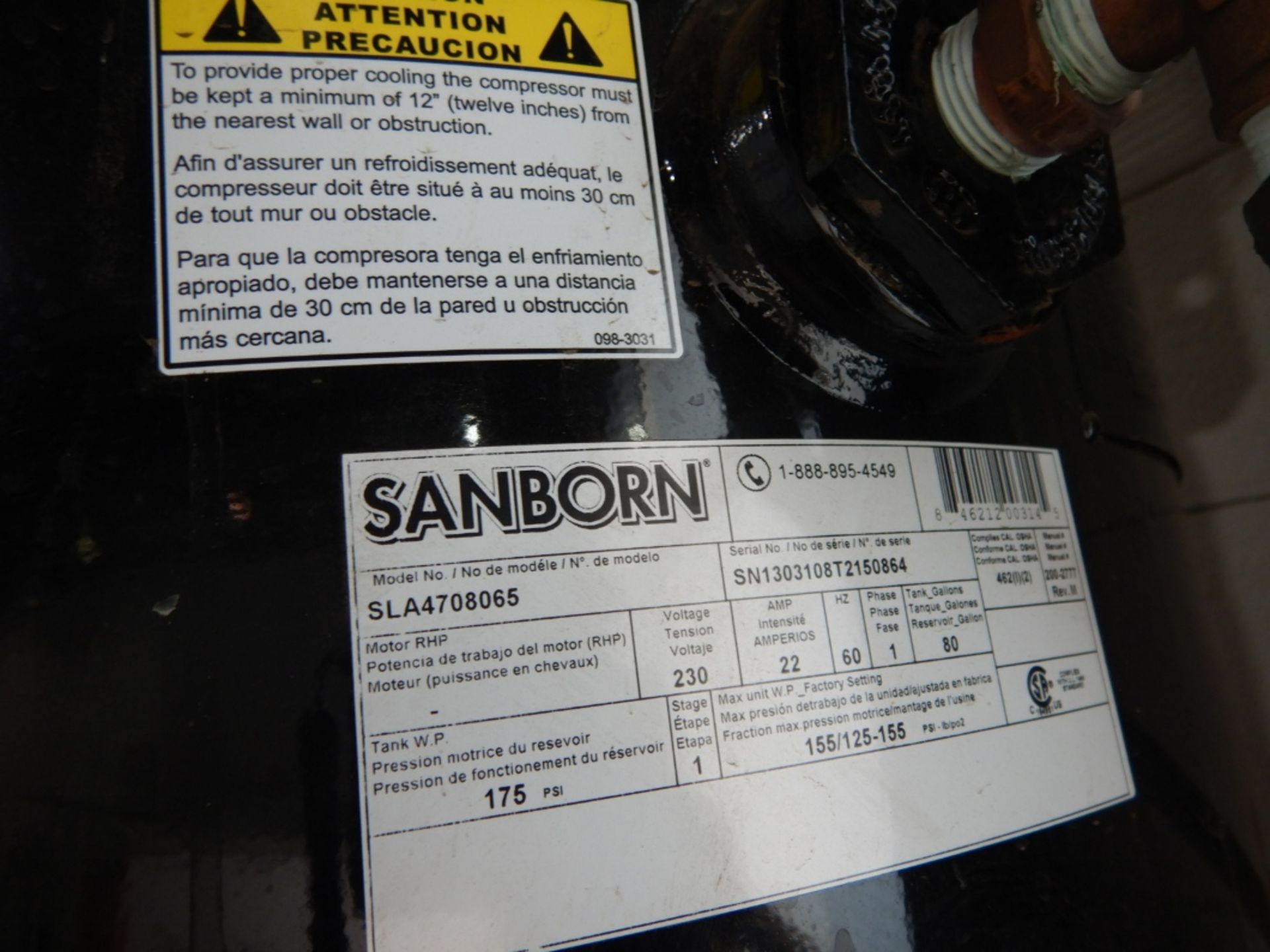 SANBORN UPRITE AIR COMPRESSOR, 230V. 14.0 CFM, 90 PSI HIFLOW SINGLE STAGE COMPRESSOR, 80 GAL, 155 - Image 3 of 3