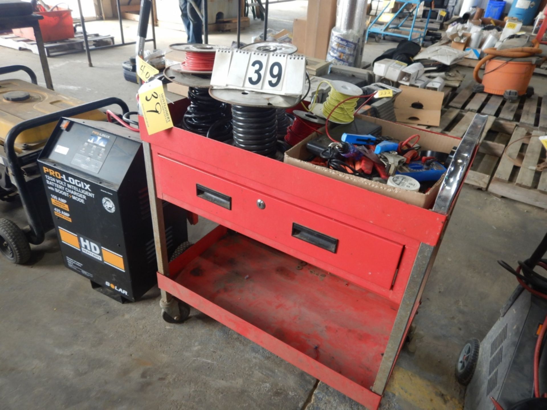 PORTABLE SHOP CART W/WIRING SUPPLIES, TOOLS & ASSORTED RELATED ITEMS