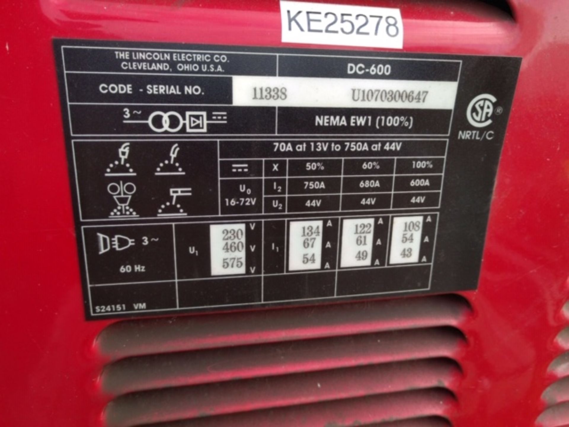 LINCOLN DC600 WELDER POWER SOURCE S/N U1070300647W/LINCOLN WELD LT-7 TRACTOR WIRE FEEDER, 3ph - Image 6 of 6