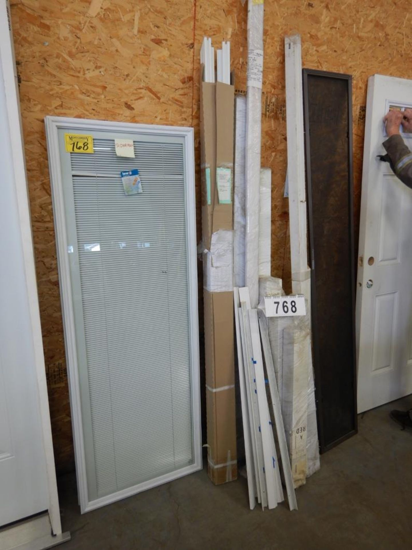 24"X65" EXTERIOR DOOR GLASS W/SHADE, ASSORTED DOOR FRAME PARTS