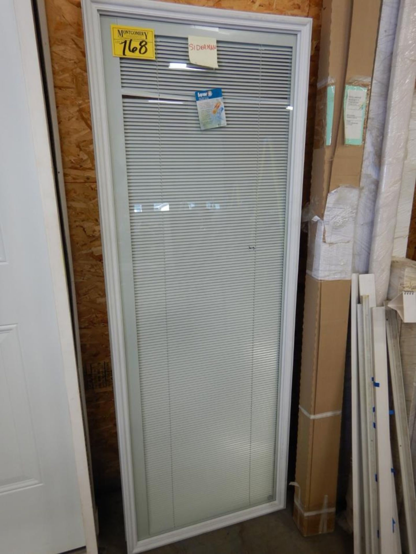 24"X65" EXTERIOR DOOR GLASS W/SHADE, ASSORTED DOOR FRAME PARTS - Image 2 of 3