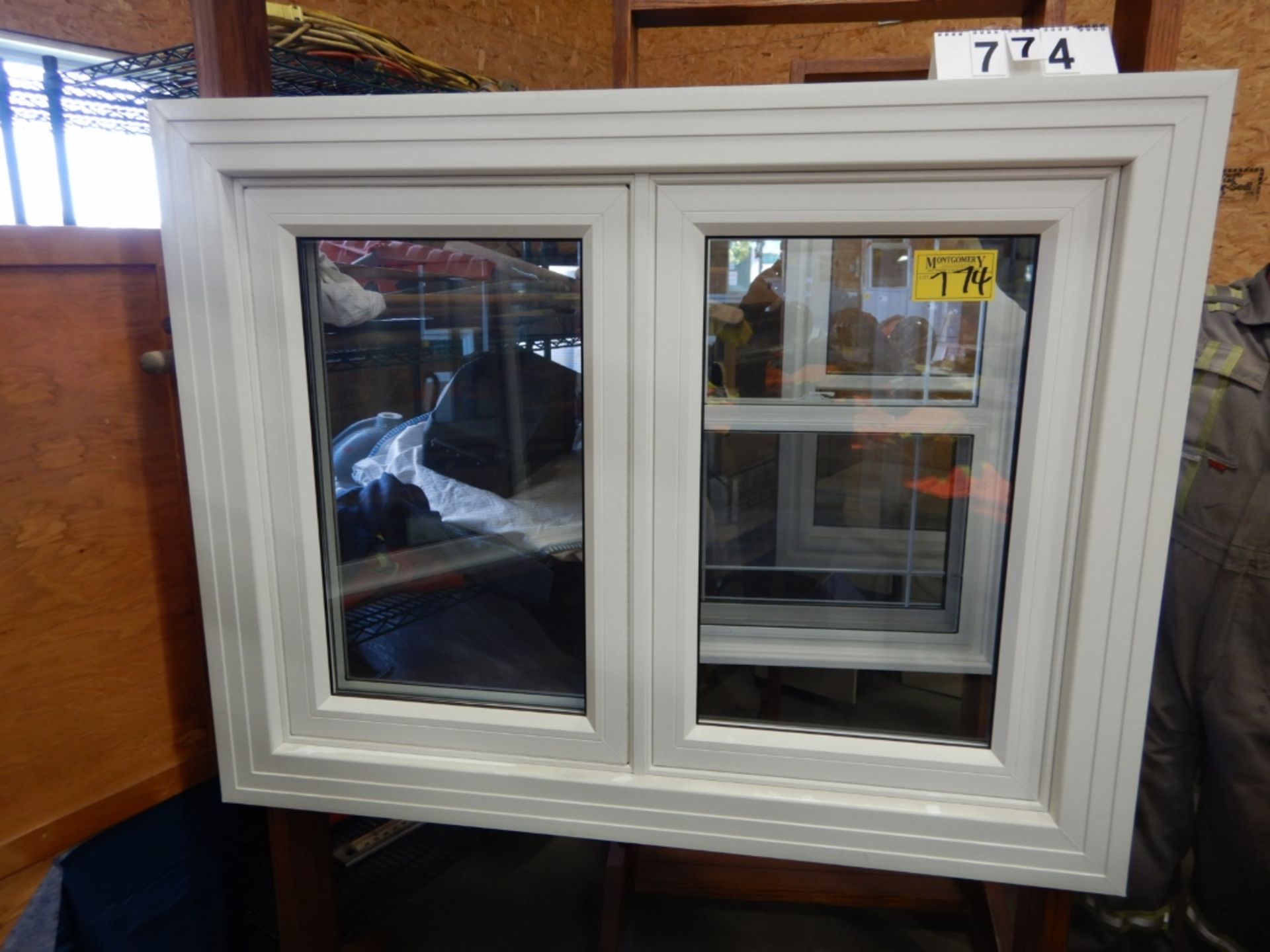 APPROX 36 X 47" WHITE VINYL WINDOW ASSEMBLY W/ SHOW ROOM MERCHANDISER - Image 2 of 3