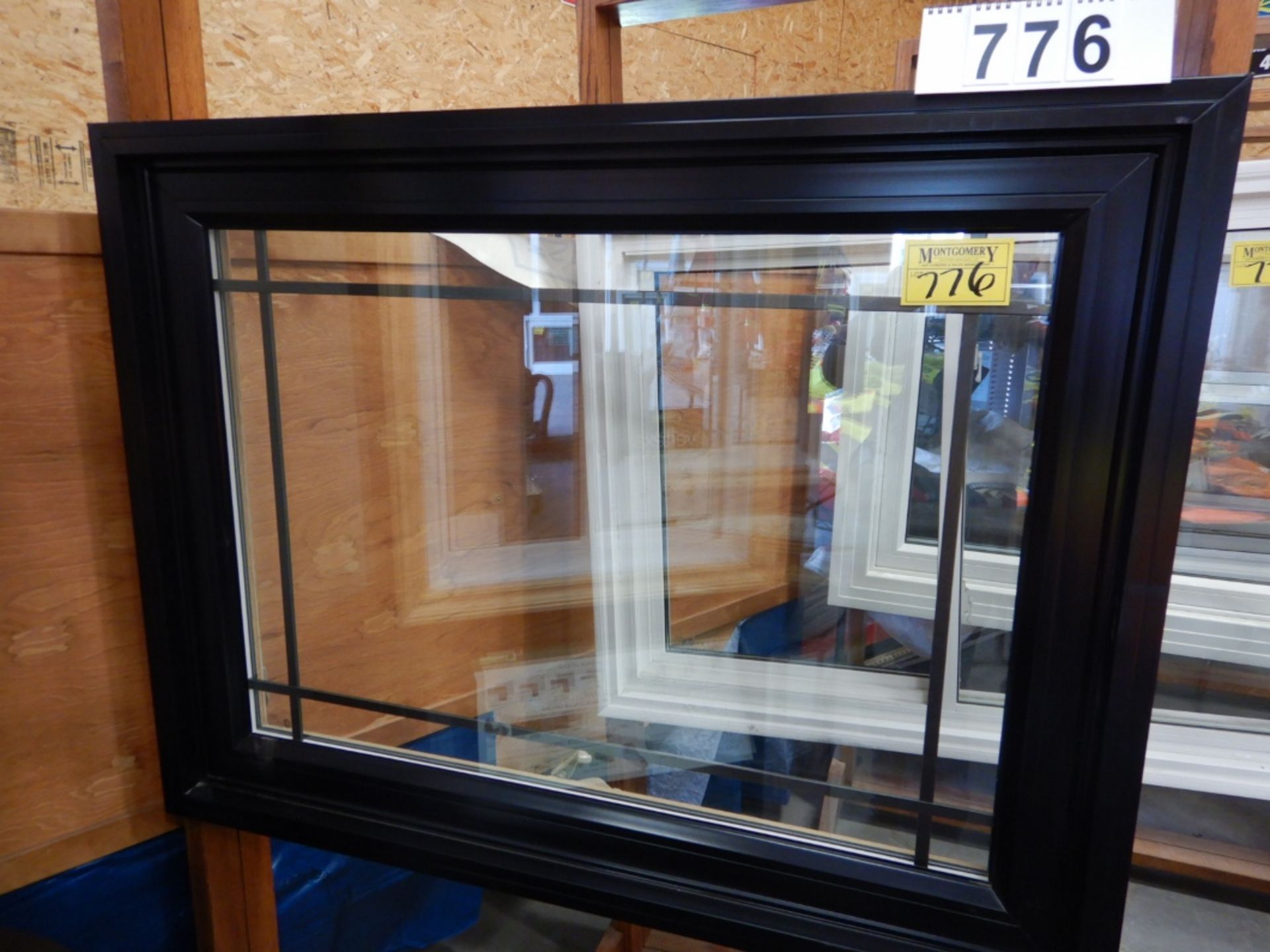 APPROX 39 X 51" BLACK VINYL WINDOW ASSEMBLY W/ SHOW ROOM MERCHANDISER