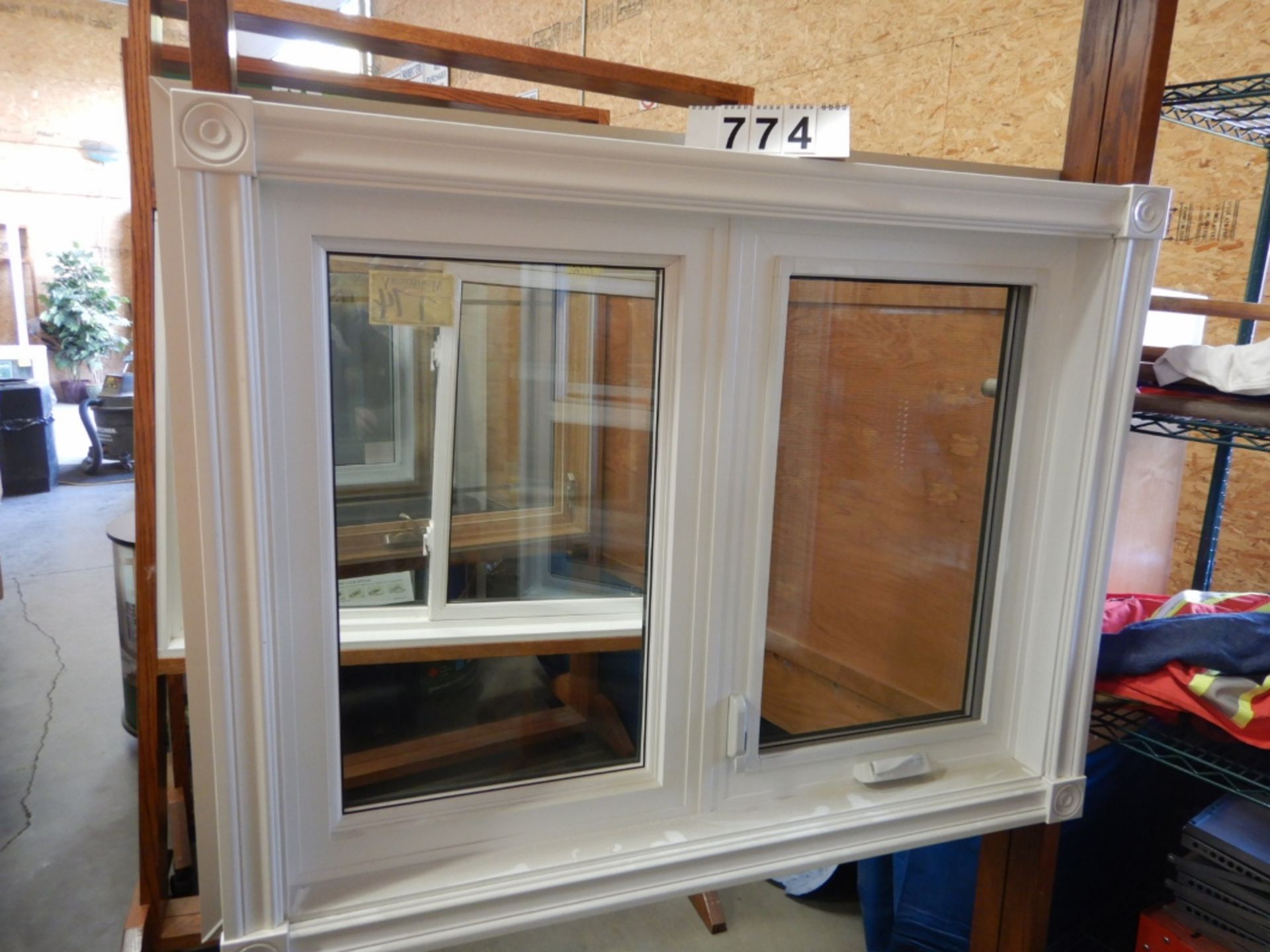 APPROX 36 X 47" WHITE VINYL WINDOW ASSEMBLY W/ SHOW ROOM MERCHANDISER - Image 3 of 3