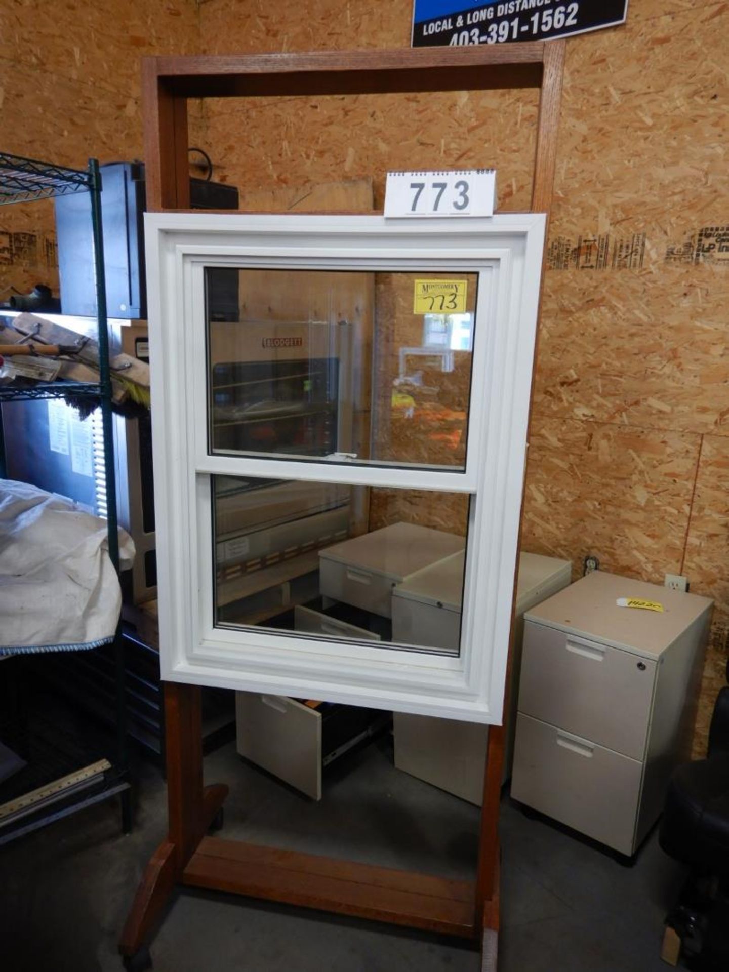 32 1/4 X 42 1/4" WHITE VINYL WINDOW ASSEMBLY W/ SHOW ROOM MERCHANDISER