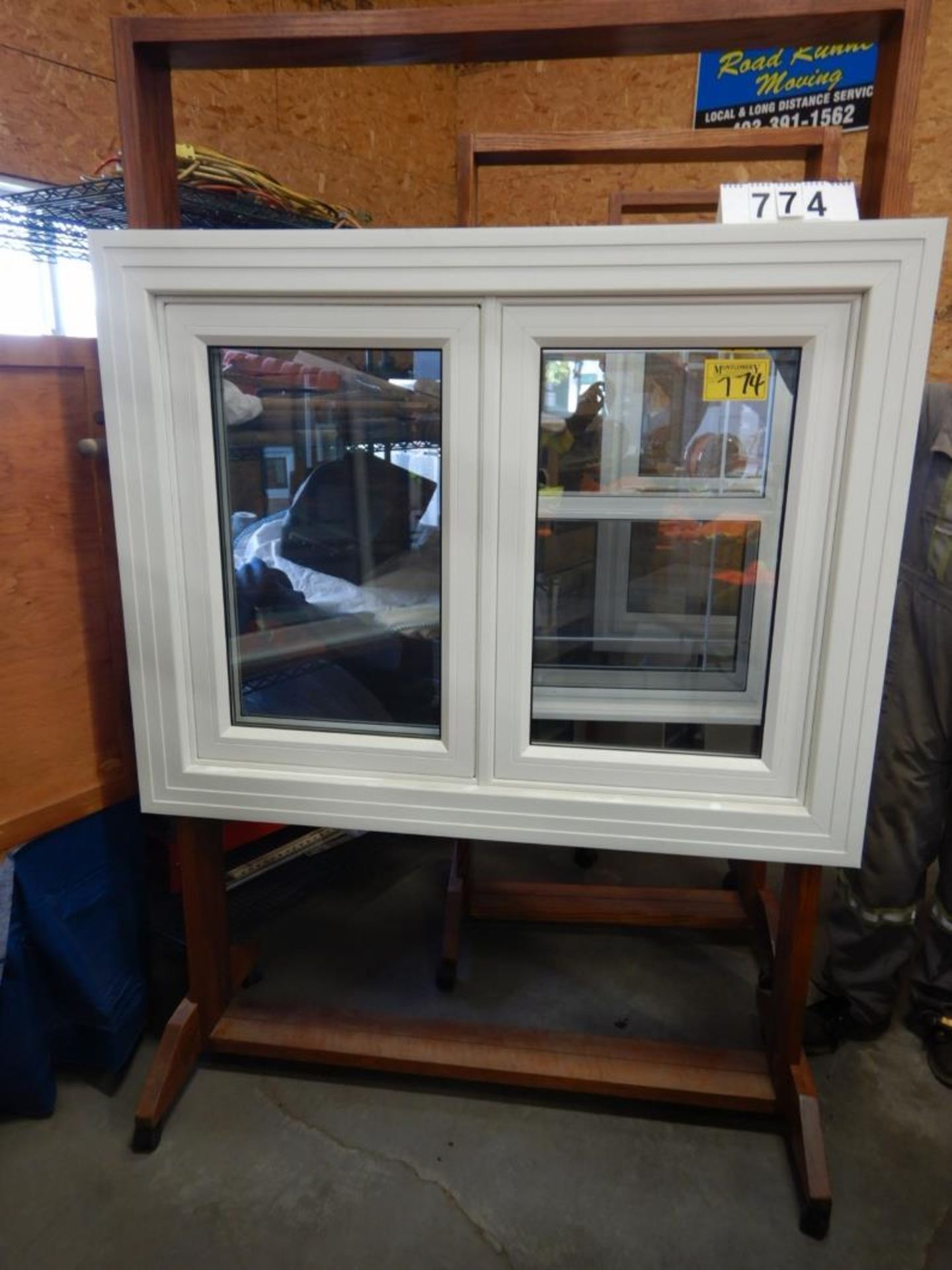 APPROX 36 X 47" WHITE VINYL WINDOW ASSEMBLY W/ SHOW ROOM MERCHANDISER