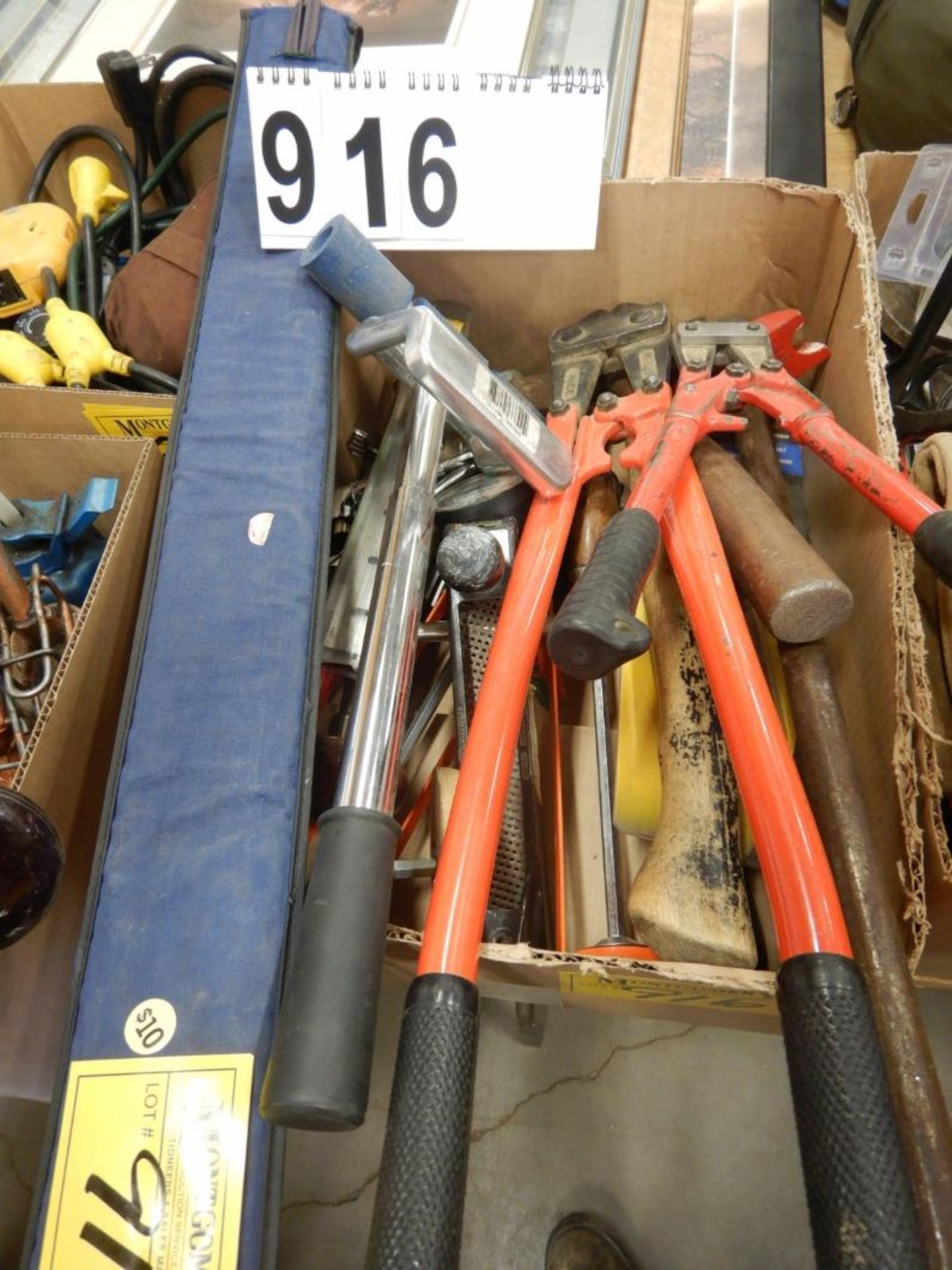 BOLT CUTTERS, CONDUIT BENDER, LINO ROLLER, SIDE CUTTERS, ASSORTED HAND TOOLS, ETC