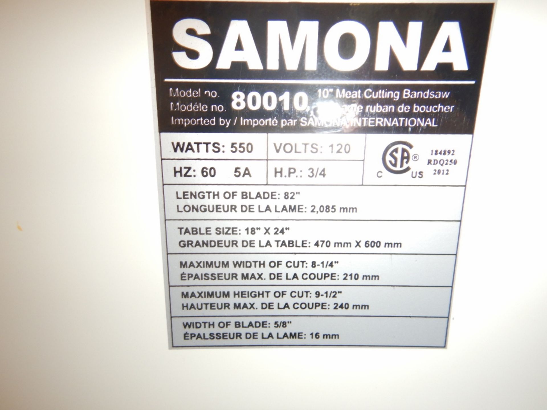 SAMONA 10" MEAT CUTTING BAND SAW W/ 3/4HP MOTOR, 110V, 18"X24" TABLE, NEW, NEVER BEEN USED. - Image 3 of 3